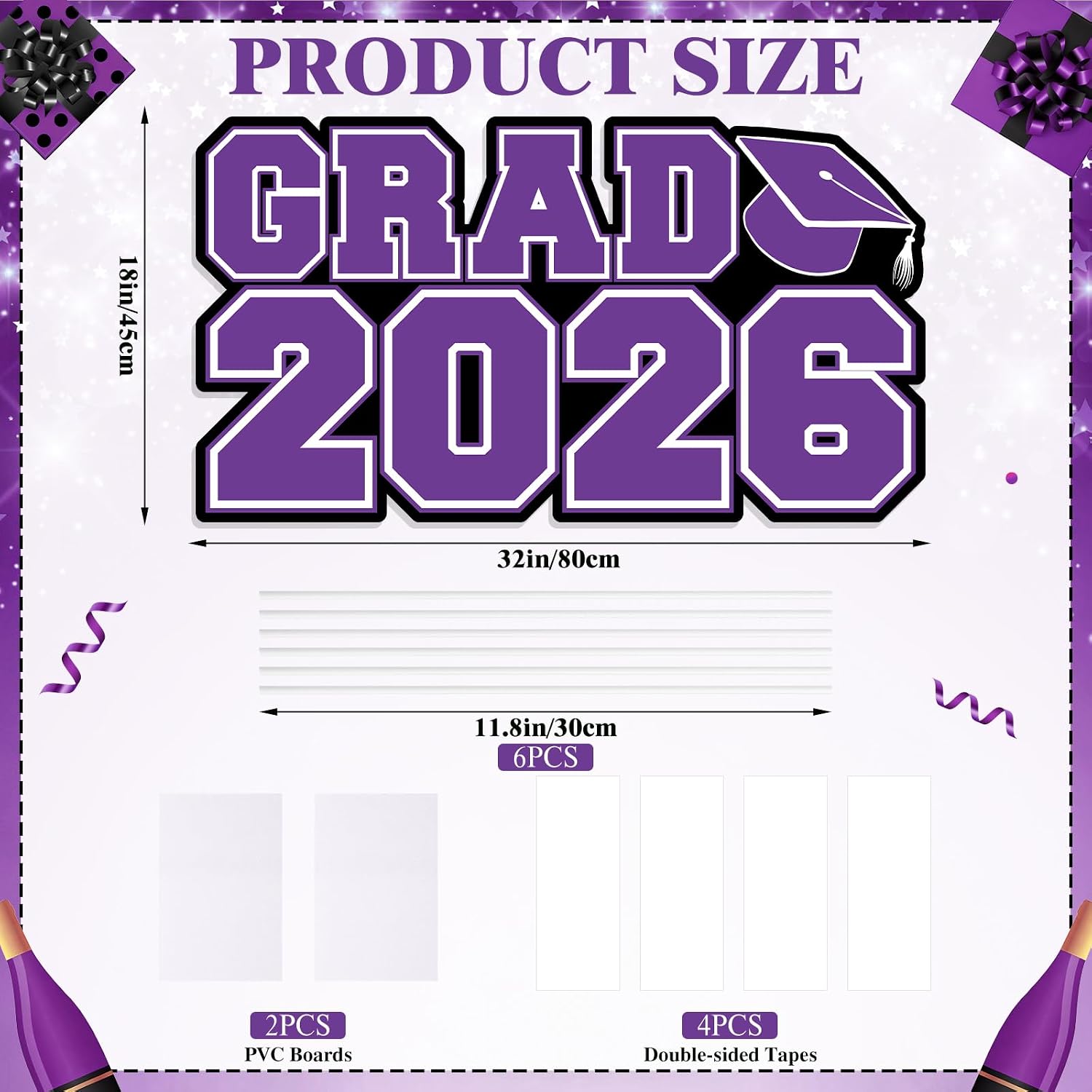 Graduation Yard Sign GRAD 2026 Lawn Sign with Stakes Black Purple Graduation Yard Decor Waterproof Congrats Grads Photo Booth Backdrop for College High School Party Outdoor Supplies 32’’ x 18’’