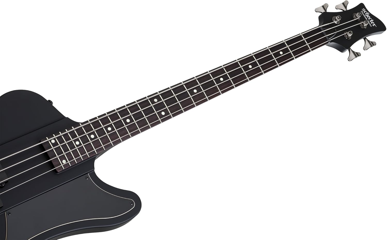 Close-up of the control knobs and pickup selector switch on the Schecter Nikki Sixx Signature Bass.