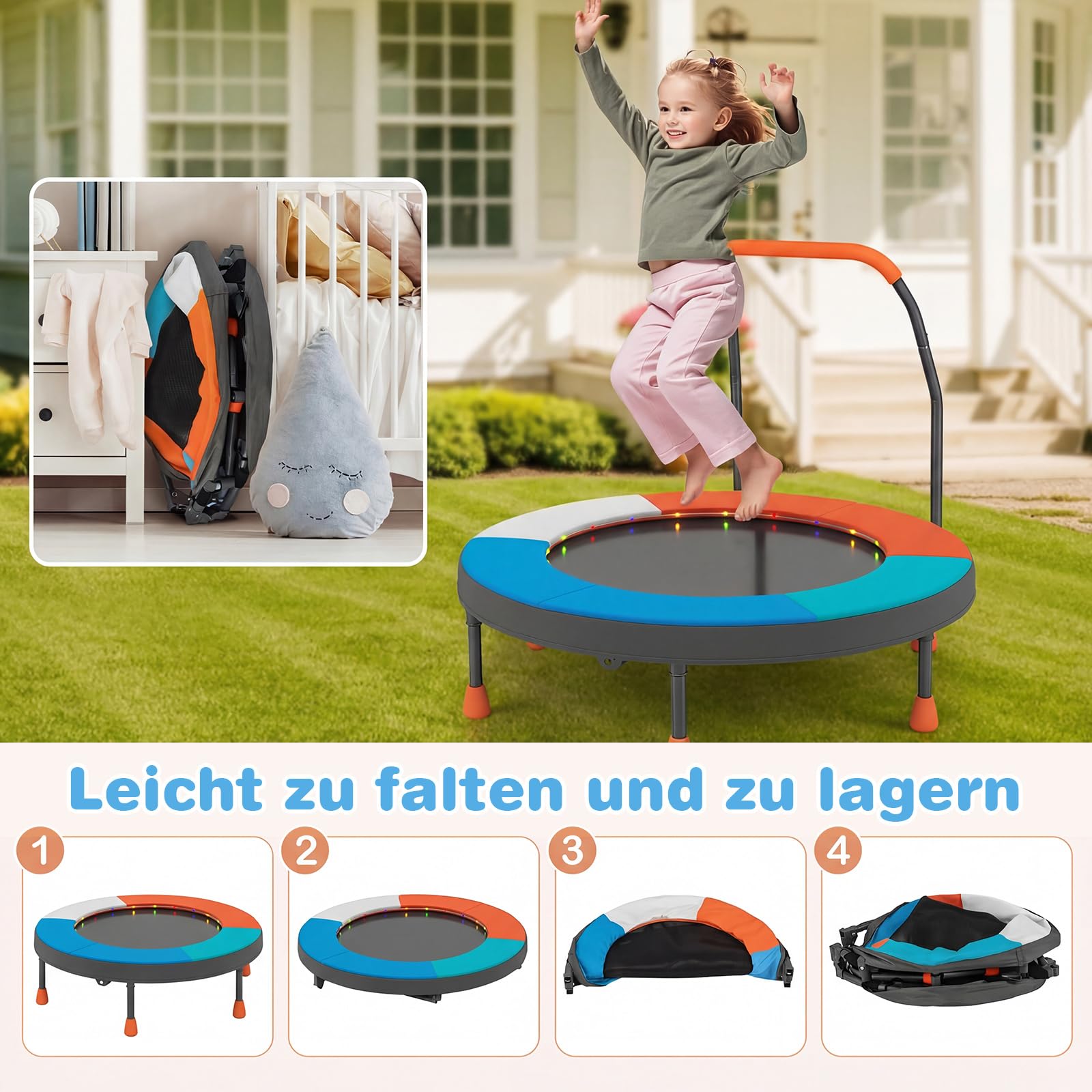 COSTWAY Ø90 cm Kinder Trampolin, Minitrampolin faltbar mit LED Beleuchtung, Fitness Trampolin Indoor mit Griff & Tragetasche, Gartentrampolin klein für Kinder ab 3 Jahren