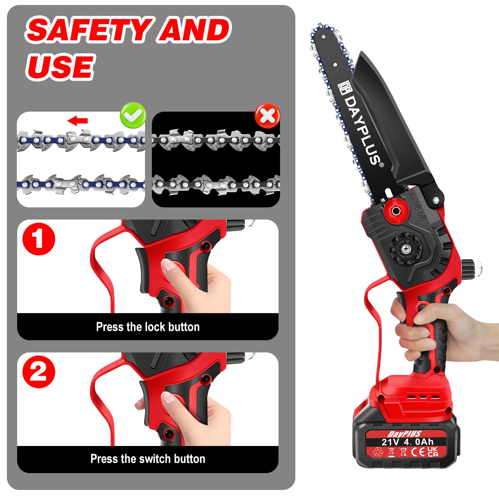 Mini motosierra eléctrica inalámbrica de 8 pulgadas con 2 baterías, 2 cadenas y maletín de transporte, motosierra portátil con batería para jardín, patio, ramas de árboles y copa de madera, rojo