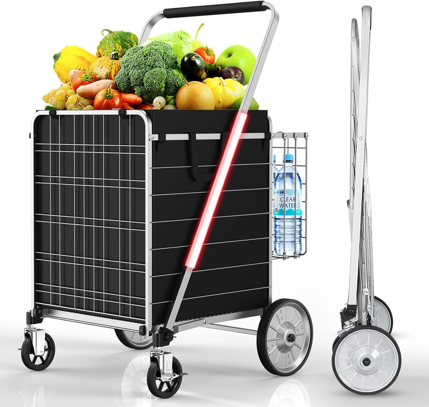 Folding Shopping Cart with 360° Rolling Swivel Wheels & Brakes - 6ft³ Foldable Grocery Cart with Double Basket & Liner, 540lbs Portable Heavy Duty Utility Carts for Laundry Book Luggage Travel Silver With Brake XX-Large