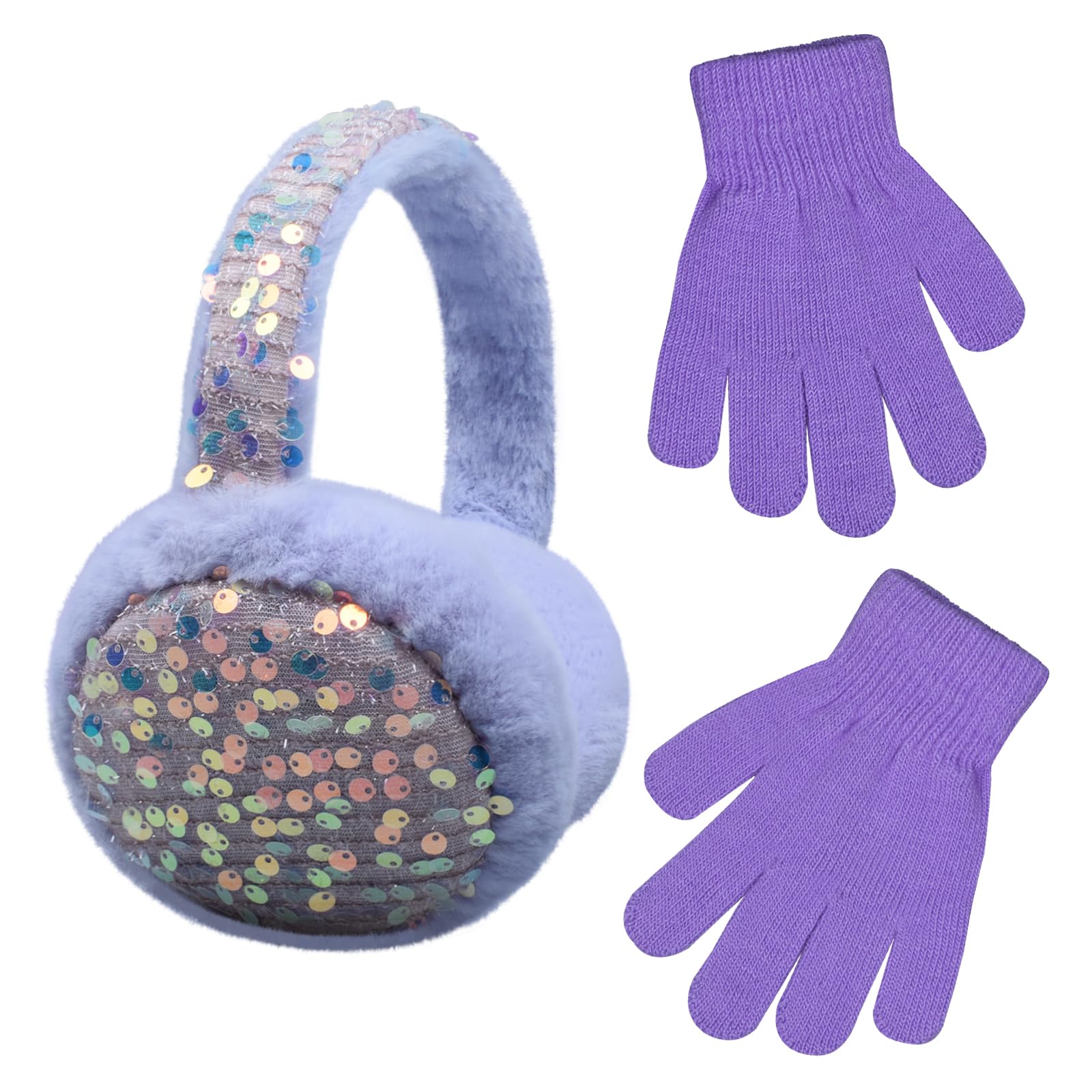 Ear Muffs Gloves Set for Kids Girls Winter Ear Muffs Adjustable Sequins Warm Earmuffs Furry Outdoor-image-25