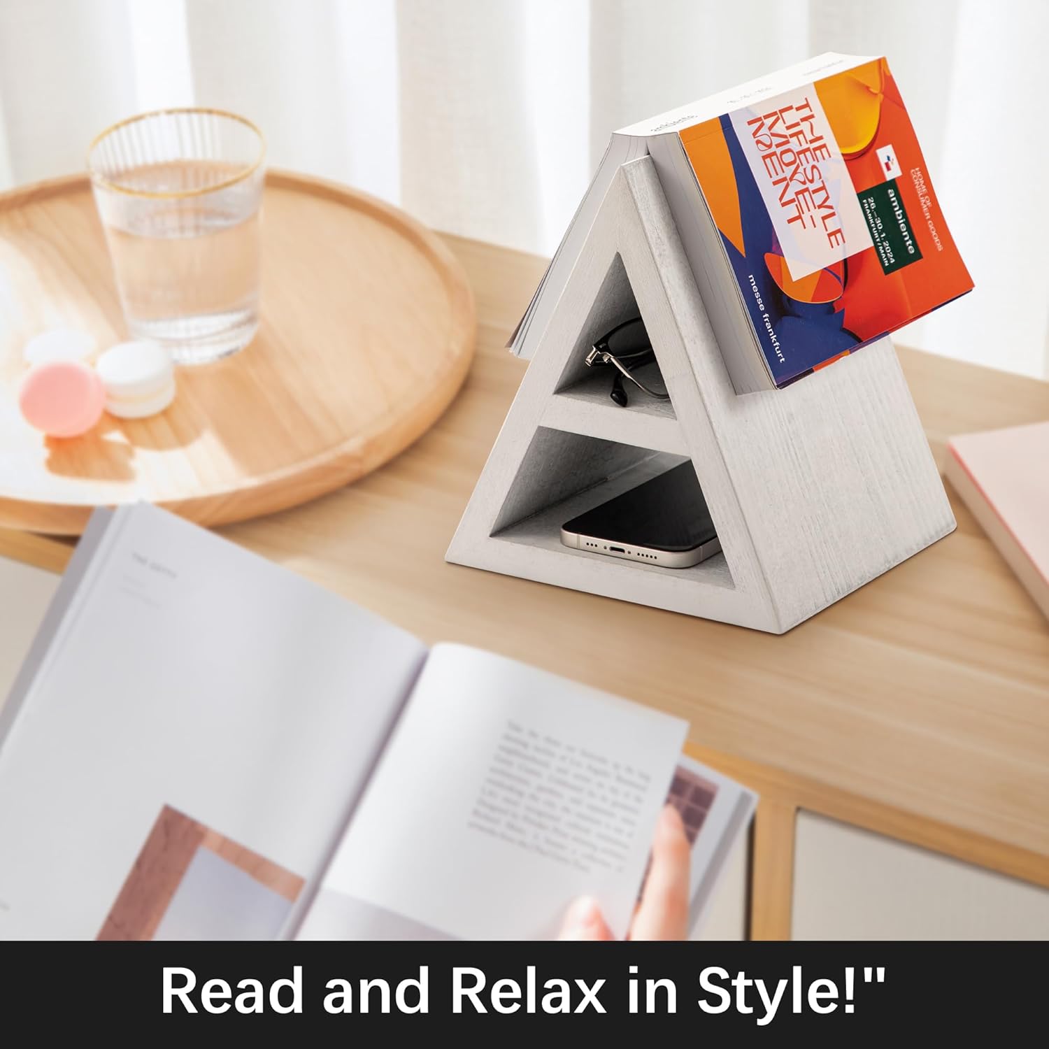 Besuerte Triangle Book Holder with Double-Layer Triangular Design, Book Rest for Reading in Bed, Nightstand Organizer for Adults, Bedside Storage Stand, Rustic White Book Nook Decor