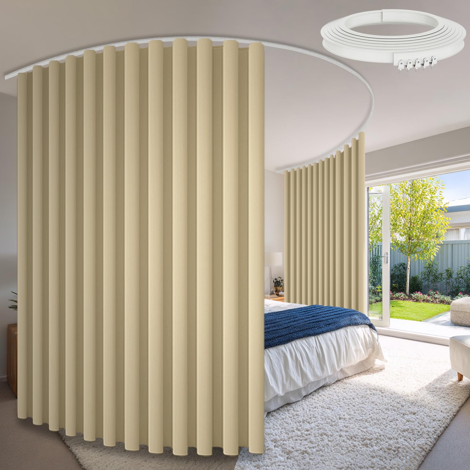 Room Divider Curtains &amp; Flexible Bendable Tracks Set,Privacy Dividers Ceiling Track Curtain Window Blackout Curtains for Living Room Bedroom (W100×H84 in 2 Panels Beige Drape &amp; White Rail 16.4FT/5M)