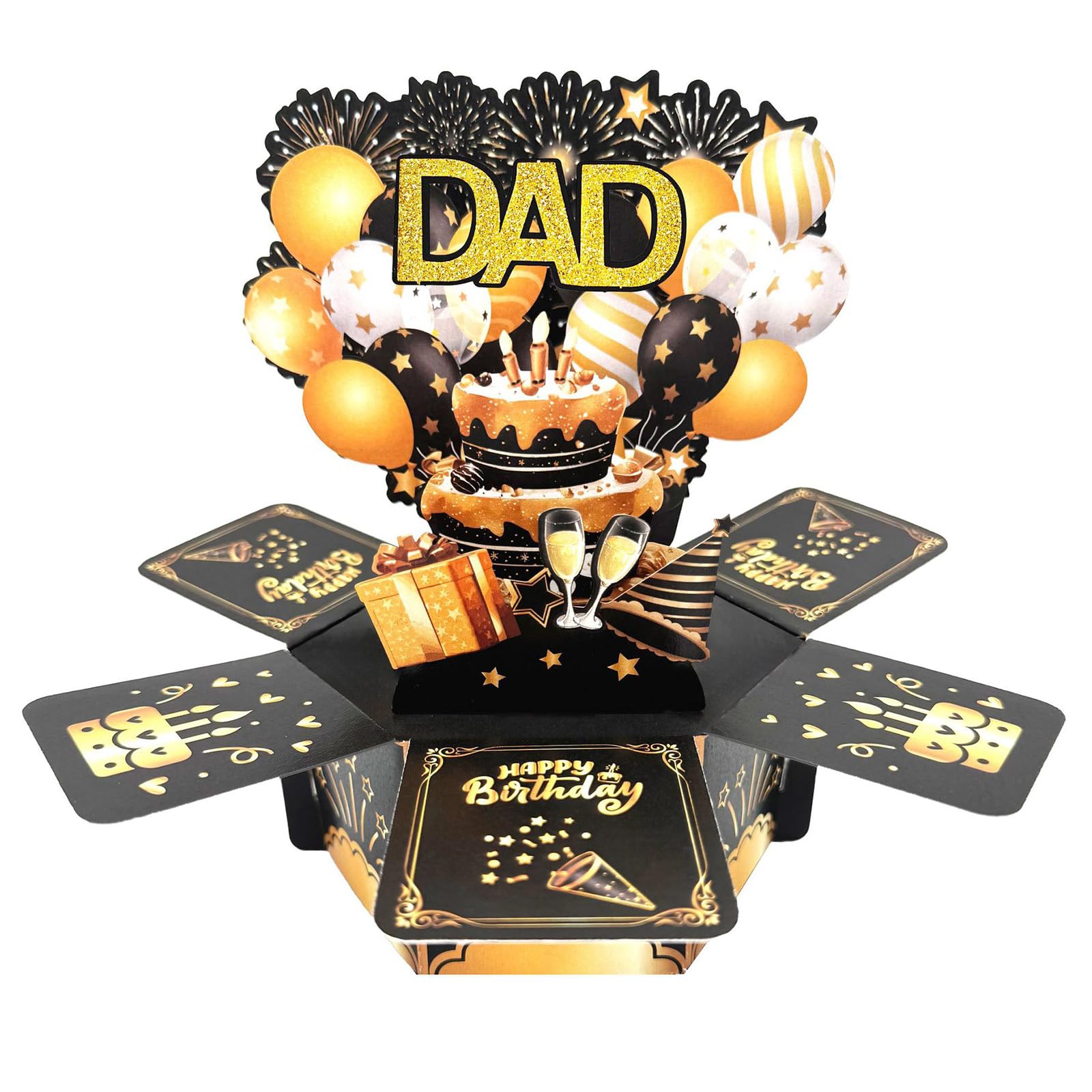 Dad Birthday Card, Happy Birthday Pop up Card for Dad, 3D Black Gold Gift Box, Colorful Balloon Fireworks Creative Gifts Ideas from Son Daughter for Male Father Stepfather Godfather