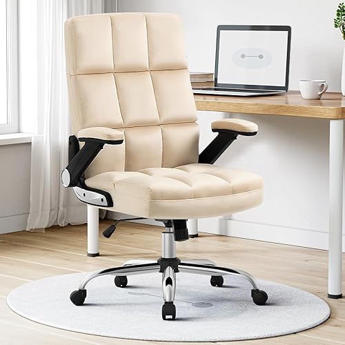 Silla de oficina ejecutiva de respaldo alto, silla ergonómica de terciopelo con reposabrazos abatible, sillas de escritorio con ruedas, color beige