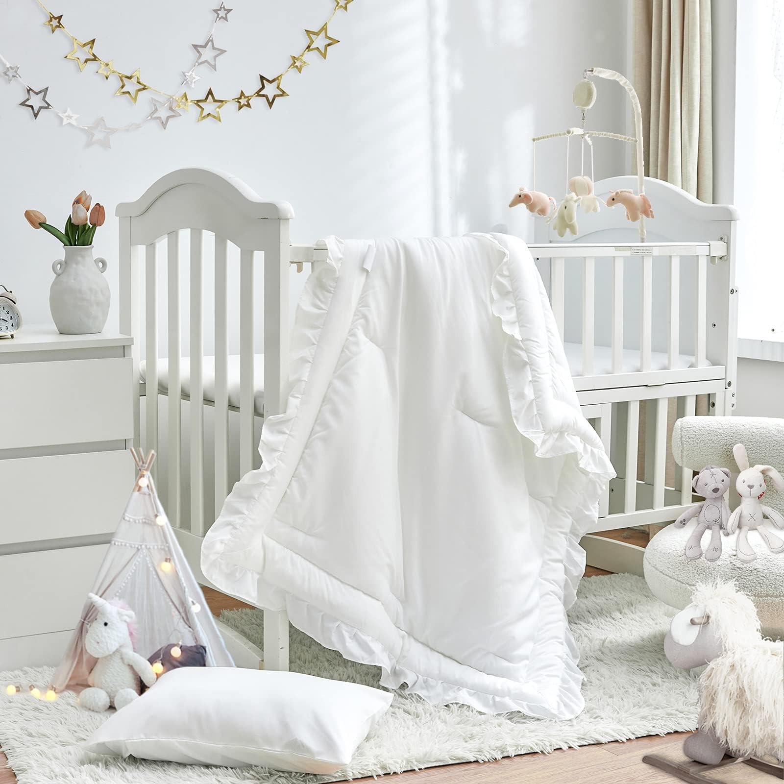 UOZZI BEDDING 3 Pieces Crib Set Baby Ruffle Quilted Comforter with Fitted Sheet and Pillow - Cute Ruffled Shabby Chic Soft Blanket Design White