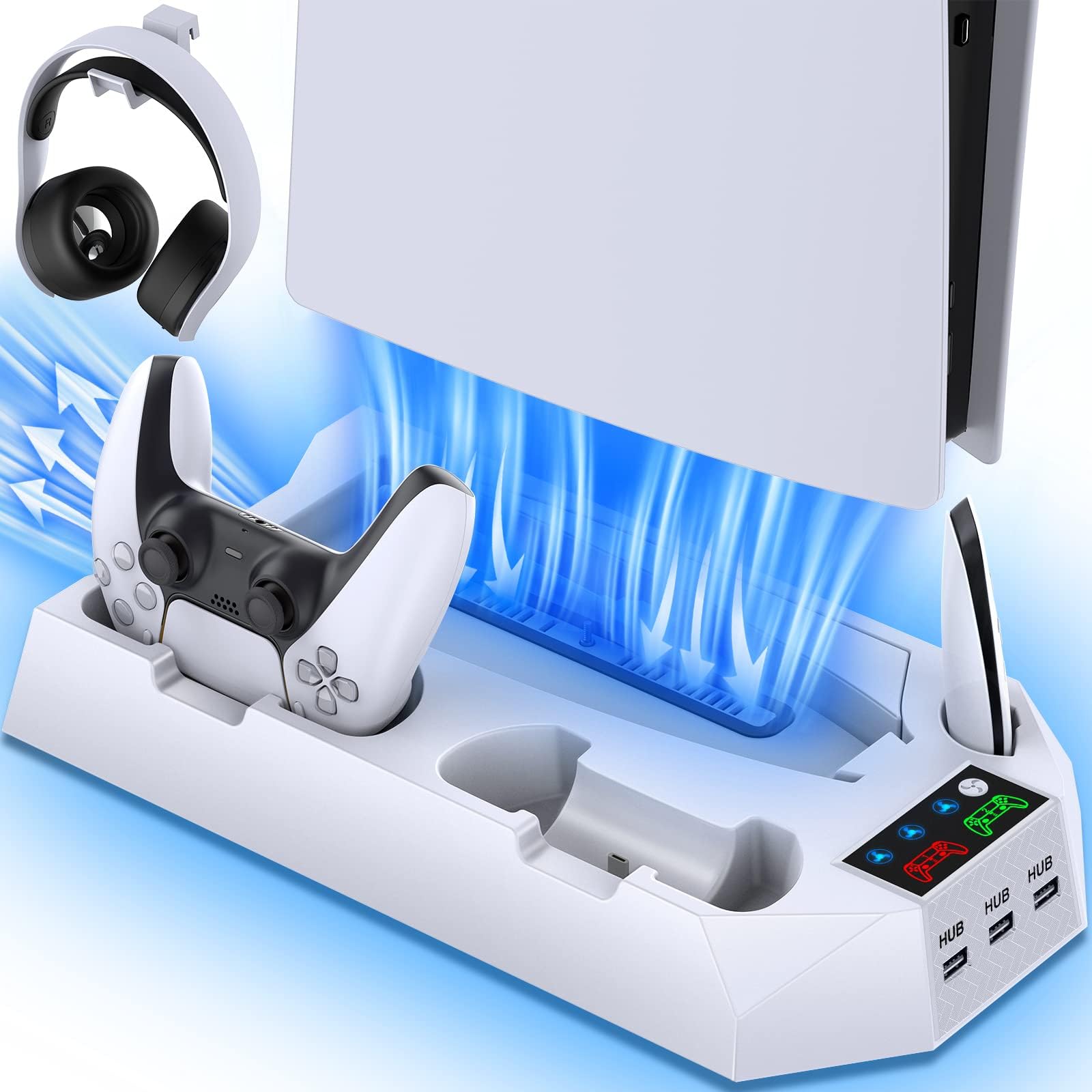 PS5 Stand with Cooling Fan and Dual Controller Charging Station for PS5 Digital Edition, PS5 Disc Version,CYKOARMOR PS5 Cooling Fan with Headset Holder and 3 Adjustable Fan Black and White