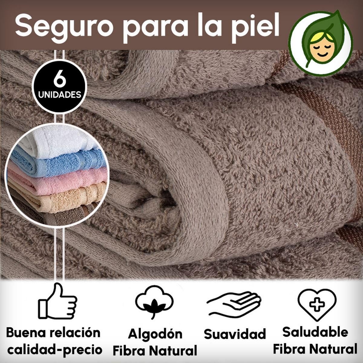 Juego de 6 Toallas Ducha Grandes Color marrón 100% algodón de 150x100 cm | Tejido suave de gran gramaje con alta absorción. Aptas para lavadora, de uso diario.