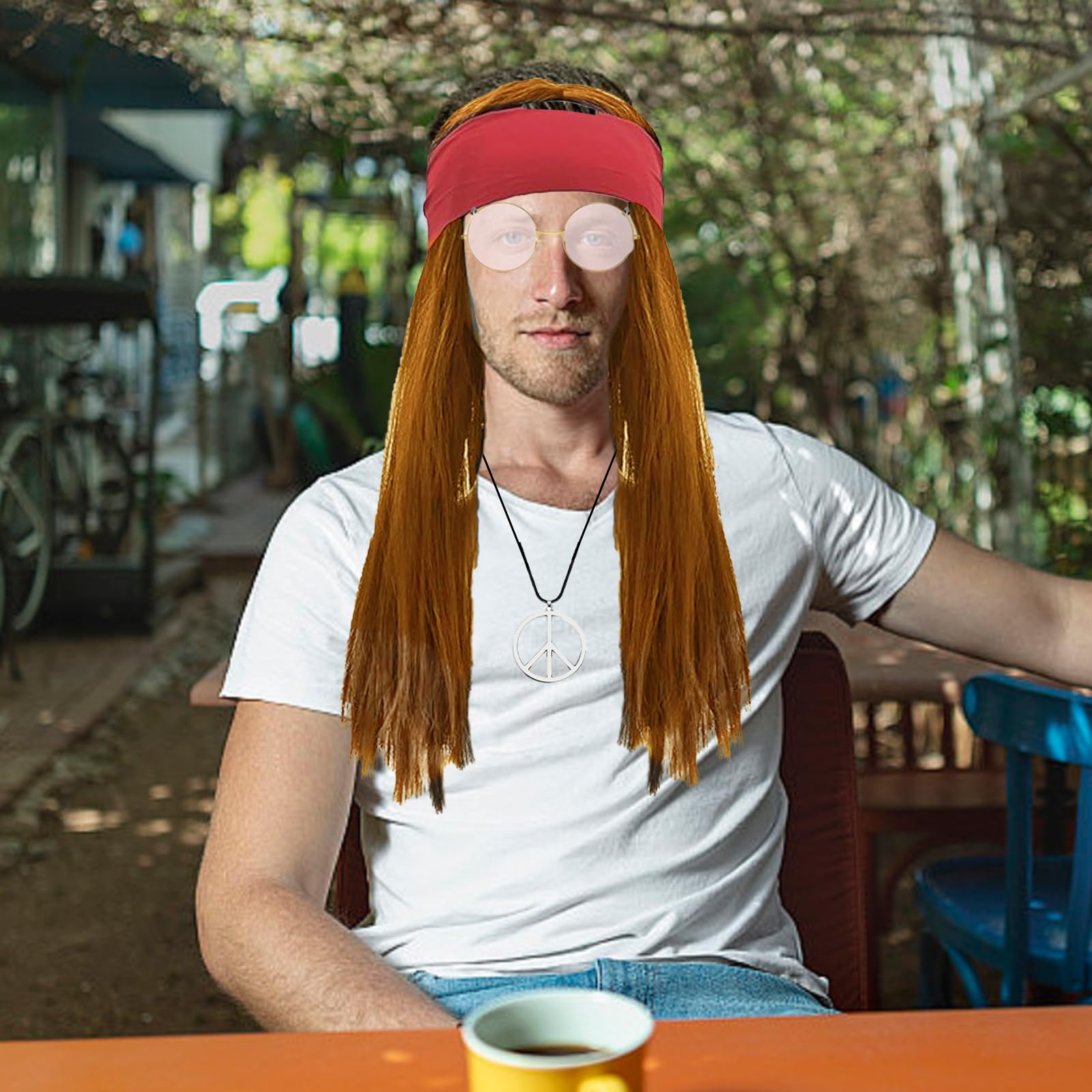 Costume Hippie Anni 70 Completo - Maglietta, Parrucca, Occhiali E Collana Pace - Foto 5