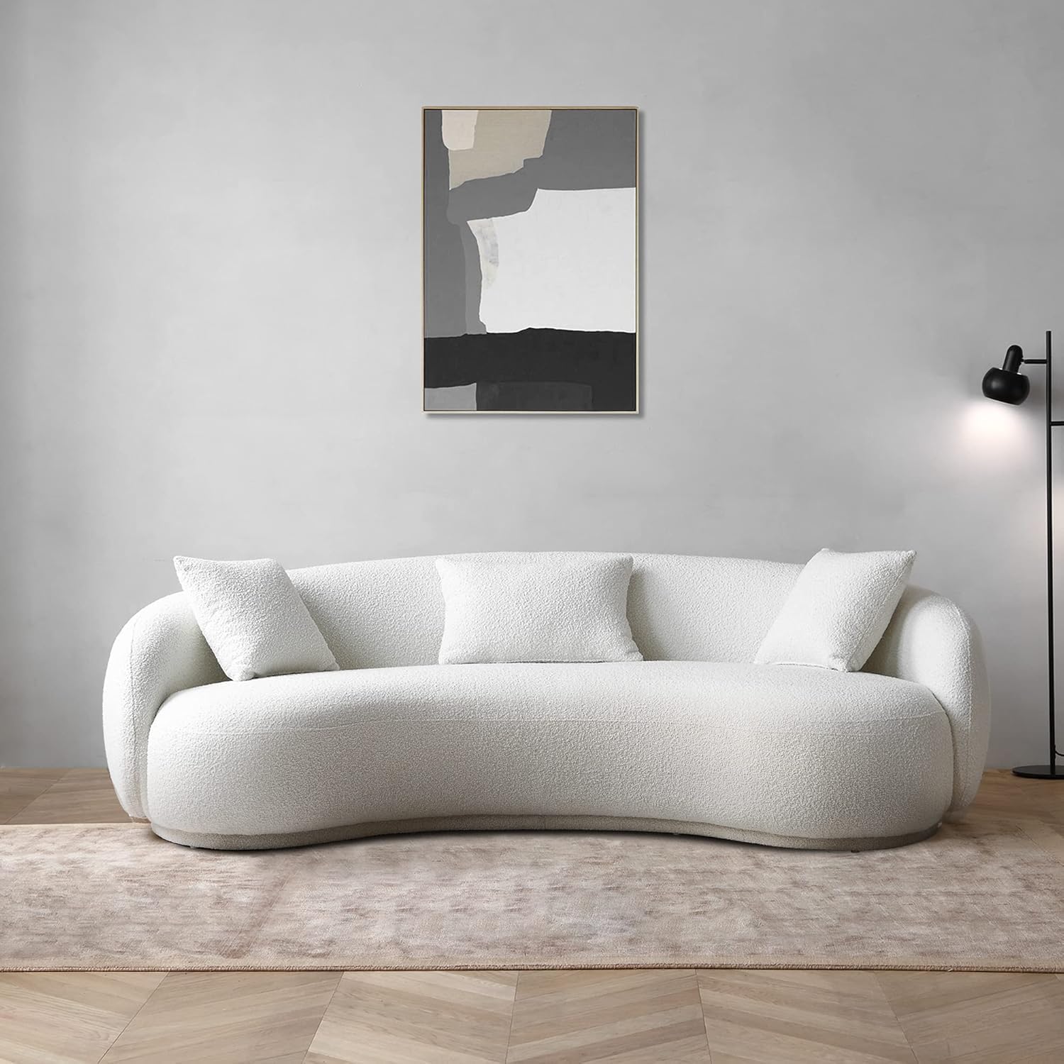 Modern Sofa Chesterfield Design with Stylish Wooden Legs Bouncy Teddy Fabric Sofa for Bedroom, Living Room, Dining Room & Hallway-(3 Seater Beige Curved).-image-32