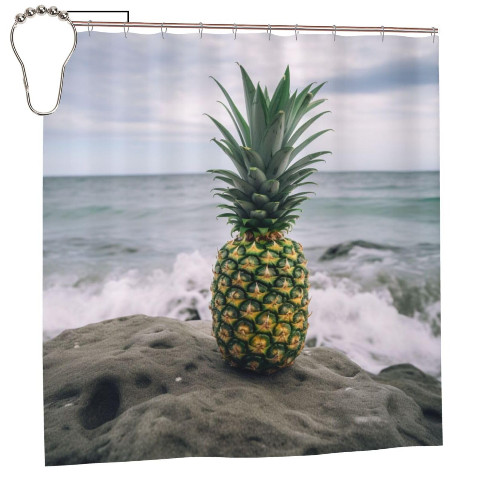 BWWHCCTI Green Pineapple in Seaside Printed Shower Curtain With 12 Iron Hooks Opaque Quick Drying Waterproof Shower Curtains Sets For Bathroom 183x183 CM