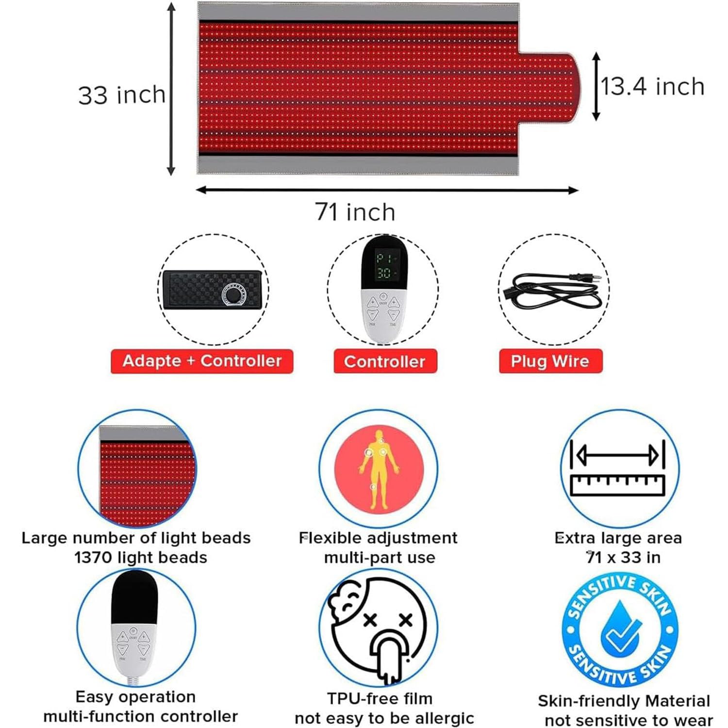 1370 esteras de terapia de luz roja LED para el cuerpo - Dispositivo de terapia de luz infrarroja con luz roja de 660 nm y luz infrarroja de 850 nm, almohadilla de terapia de luz infrarroja cercana