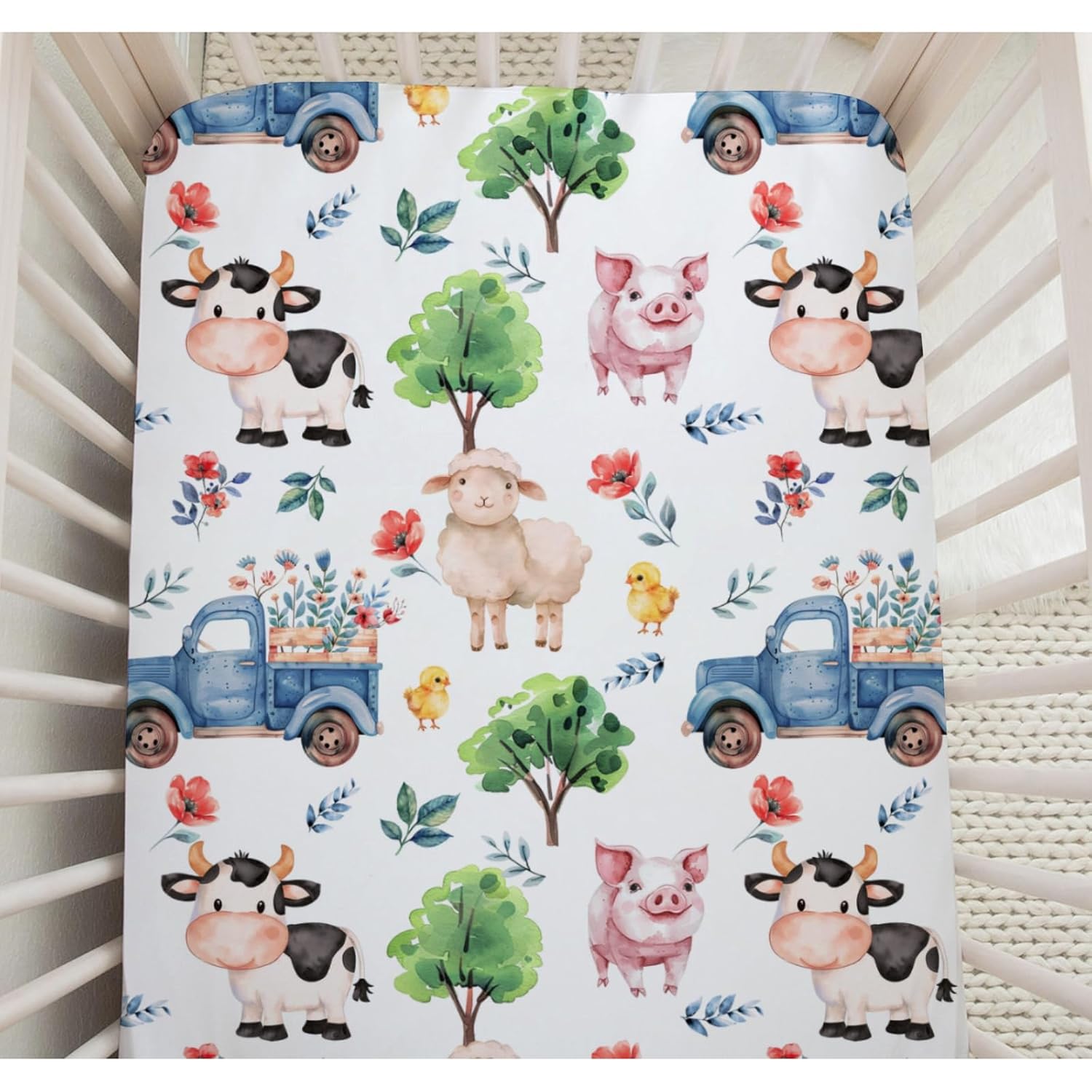 Farm Animal Baby Crib Sheets for Standard Crib Toddler Mattress Sheets Sheep Cow Pig Neutral Fitted Crib Sheet Toddler Bed Sheet Stretchy Portable Breathable Sheet Set Mattress Cover 28''×52''