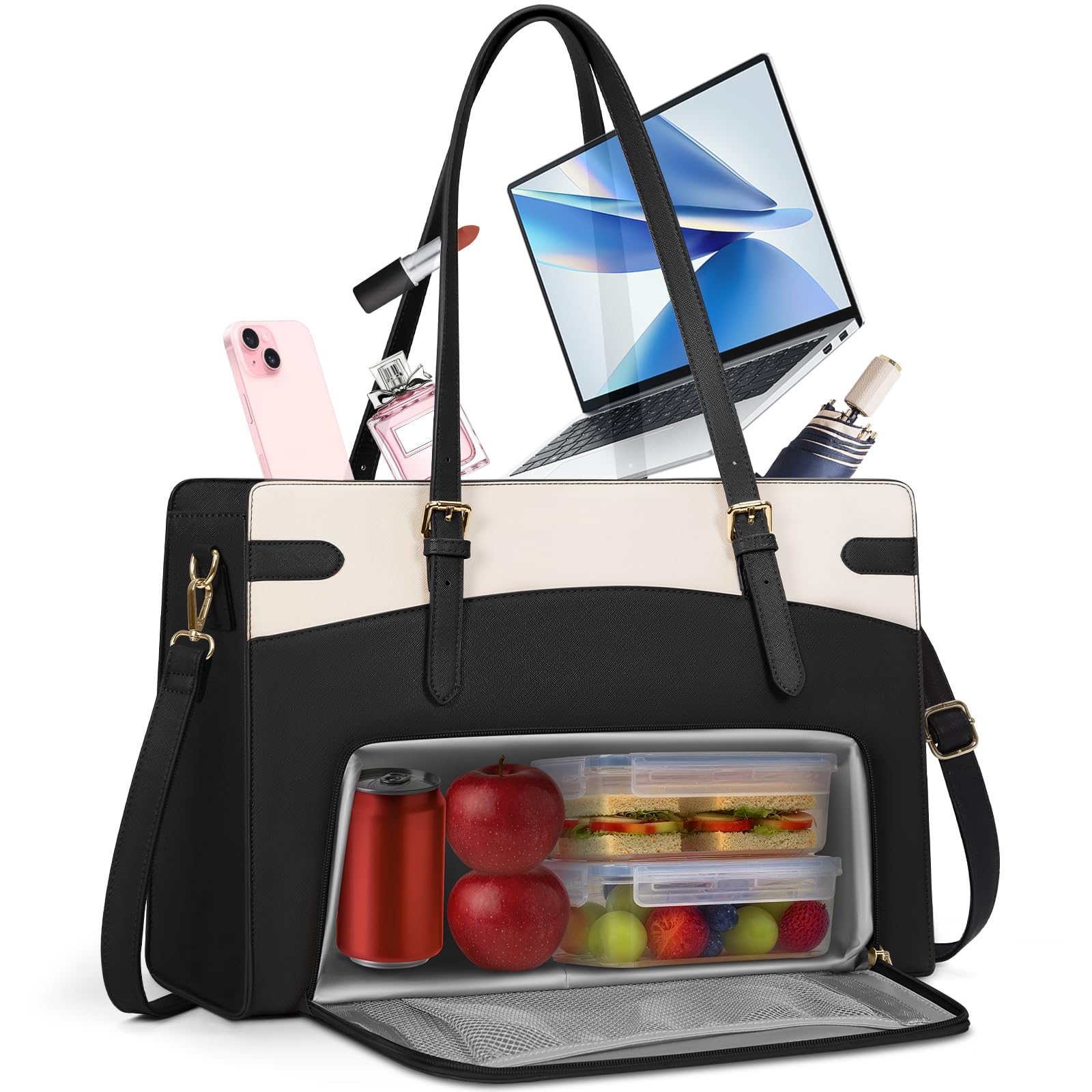 RAINSMORE Laptop Bags for Women with Insulated Lunch Compartment Work Tote Bag 15.6 inch Large Laptop Handbag PU Leather for Office Business College