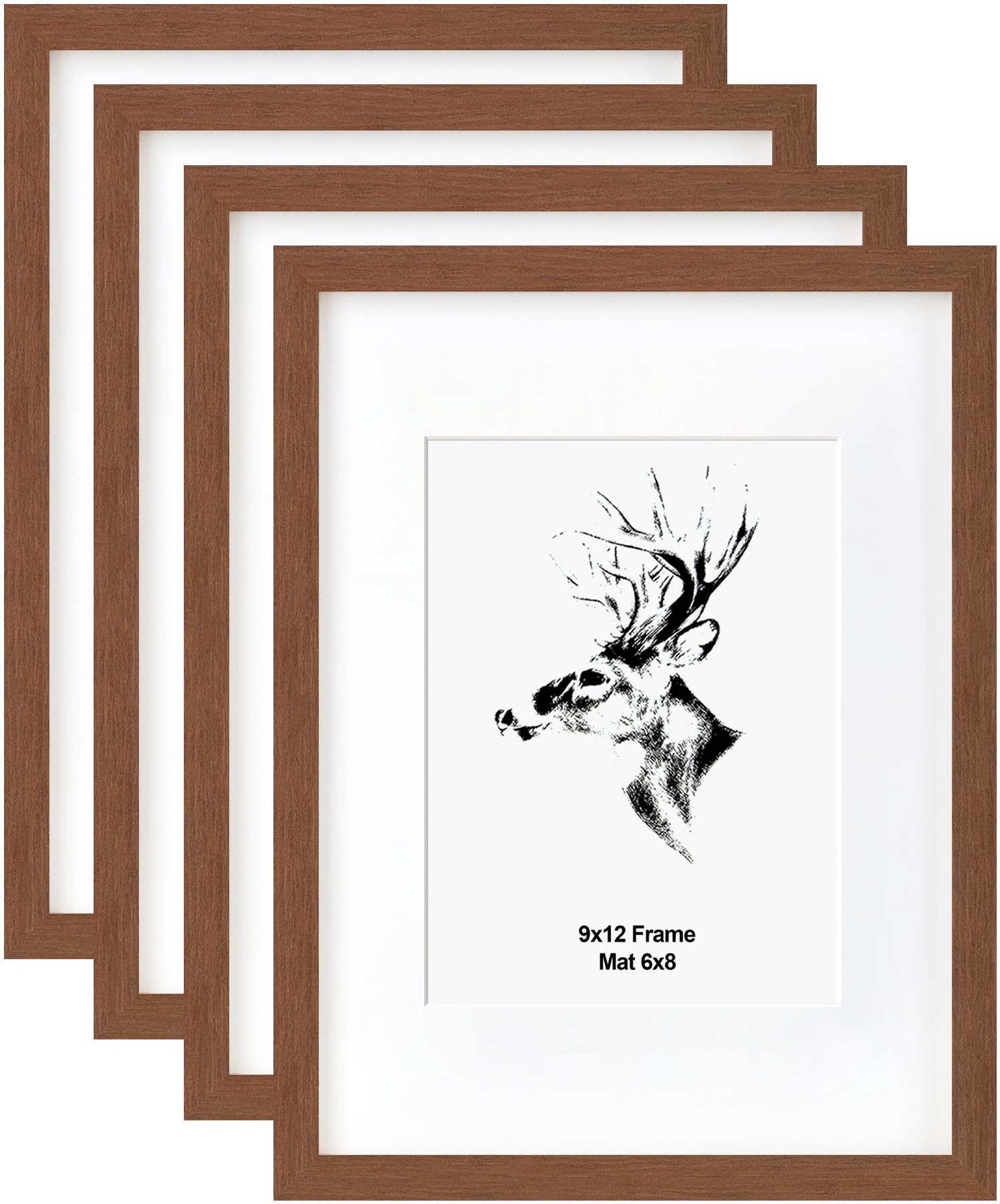 Yaetm 9x12 Picture Frame with Mat for 6x8 Set of 4, Walnut Brown, Solid Wood Photo Frames 9 x 12 with Tempered Glass, Display Horizontal and Vertical for Wall Mounting (4 pack, Walnut)