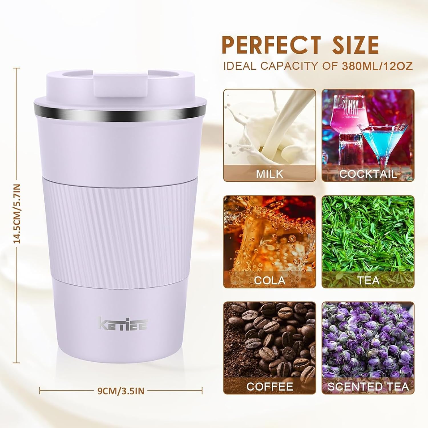 KETIEE Travel Mug 12oz: Insulated Coffee Mug with Leakproof Lid, Travel Coffee Mug Vacuum Stainless Steel Double Walled Reusable Coffee Cup for Hot and Iced Coffee Tea Water (Purple) - Image 6