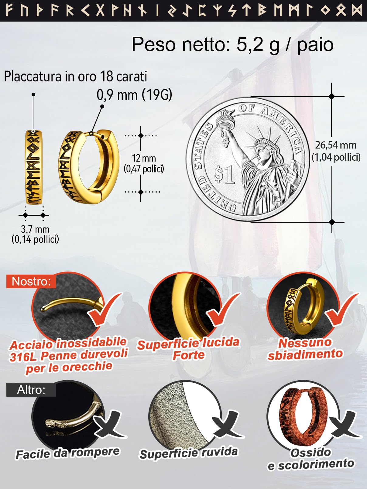 FaithHeart Uomo Donna Orecchini Cerchio di Rune Vichinghe Rune Celtiche Orecchini Cerchio Argento 925 / Acciaio Inox Antiallergico con Onice Gioielli Amuleto Nordico