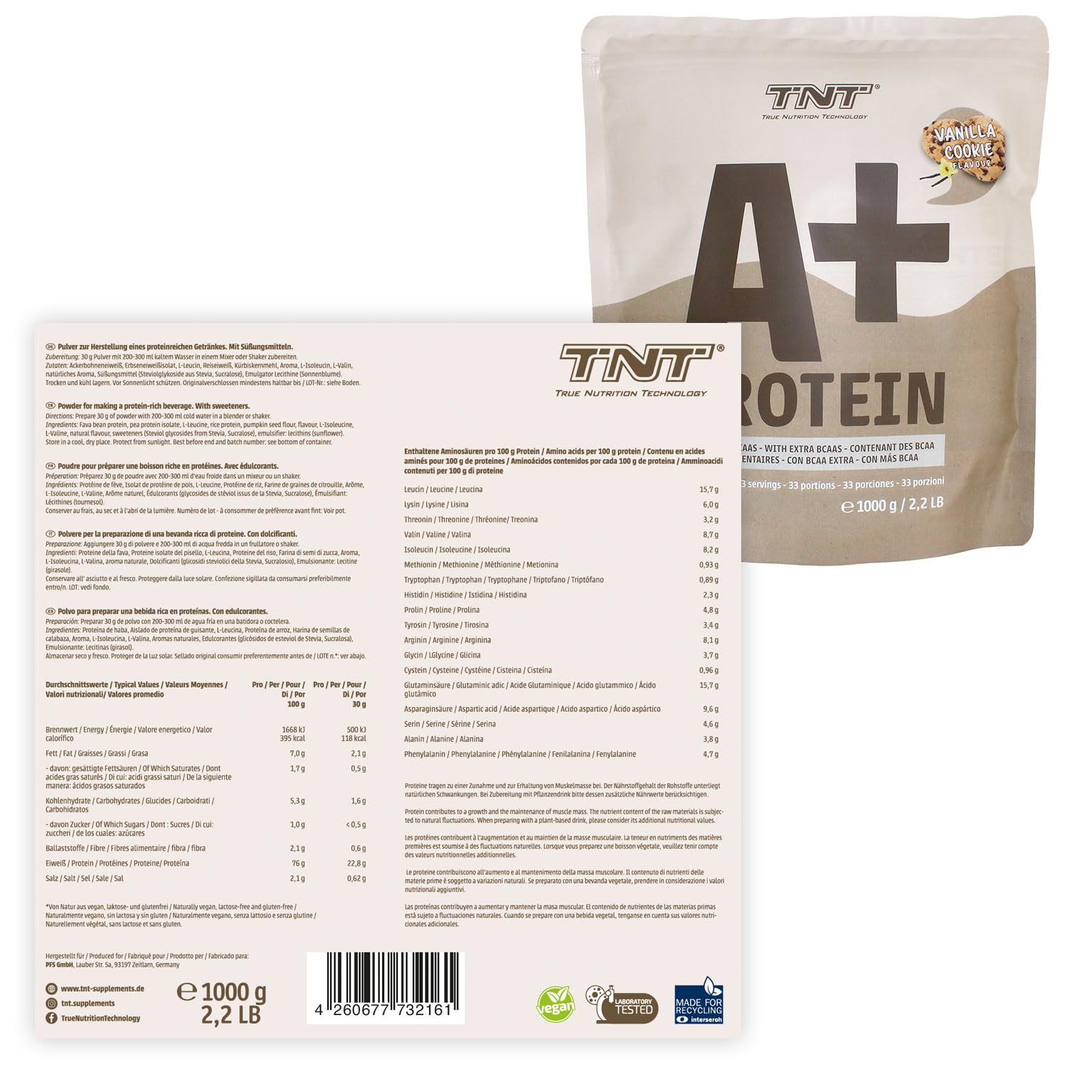 TNT A+ proszek białkowy wegański (1 kg) • wegański shake proteinowy • 33 porcje • 22,8 g białka na porcję • bogaty w BCAA + leucynę • roślinny proszek proteinowy • Made in Germany • Vanilla-Cookie