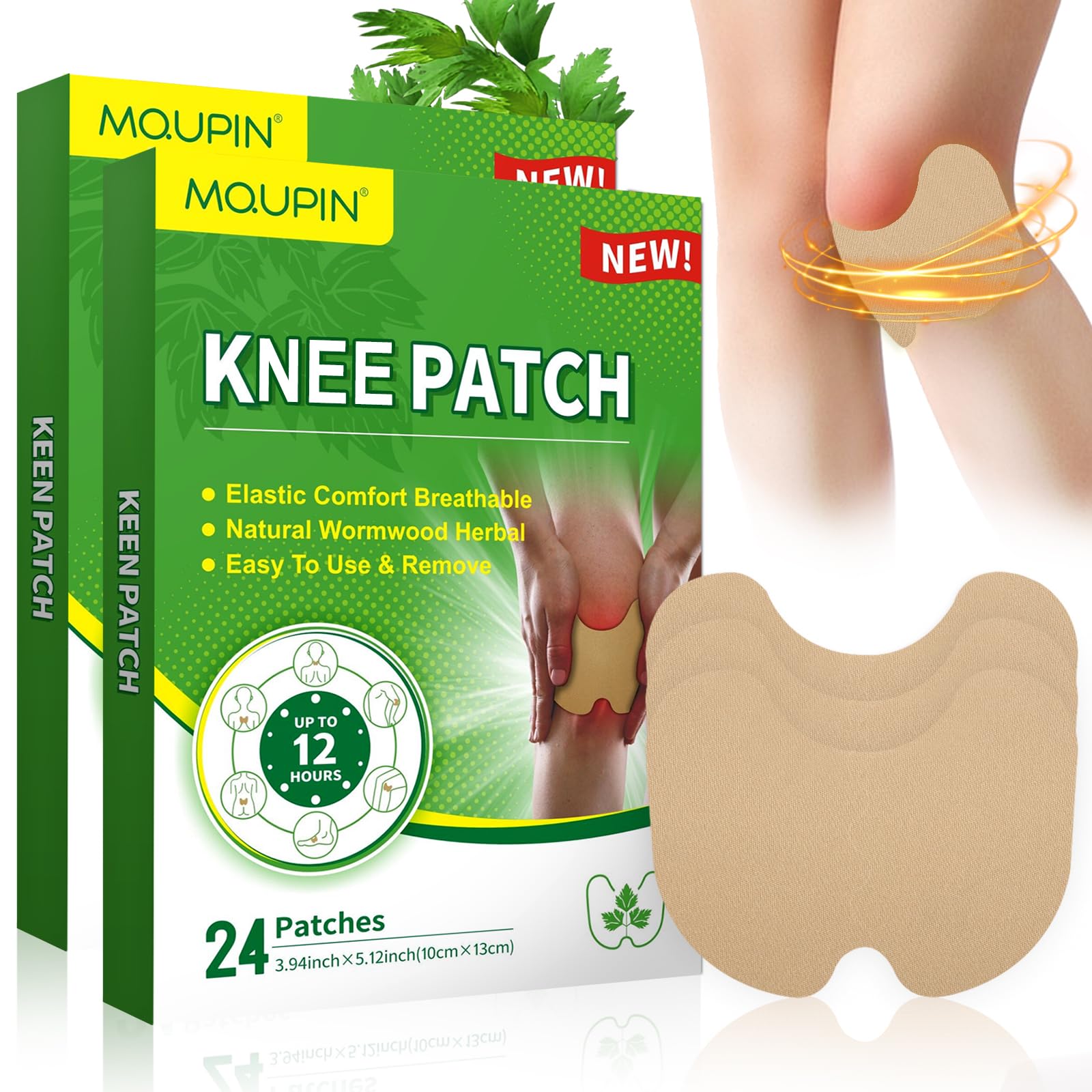 MQUPIN Knee Pain Relief Patch,48 PCS Natural Wormwood Pain Relief Patches,High Elastic Stretchable Heat Patches for Knee, Back, Neck, Shoulder Inflammation and Muscle Soreness