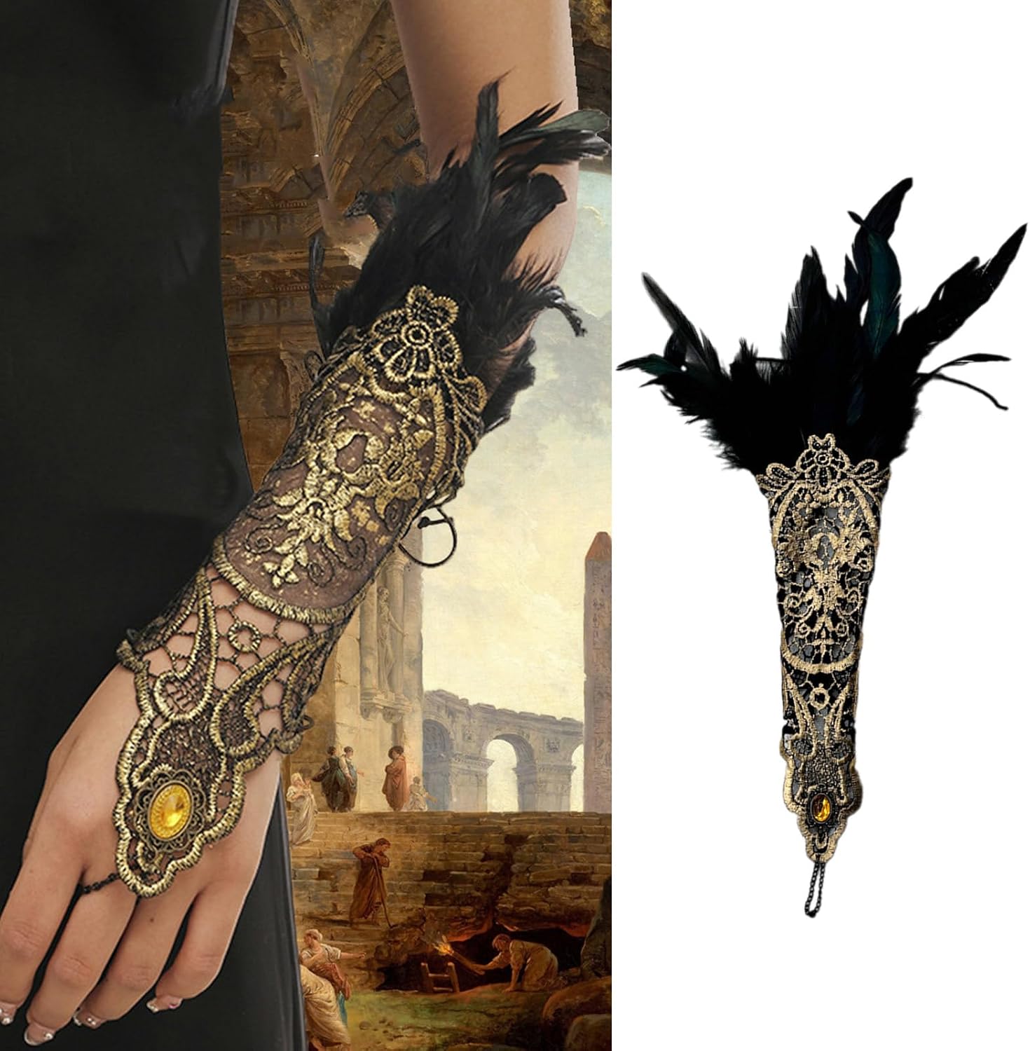 Fingerless Lace Gloves for Women Fashion Feathered Arm Sleeves Decorative Gloves for Girl Cosplay Costume Gloves