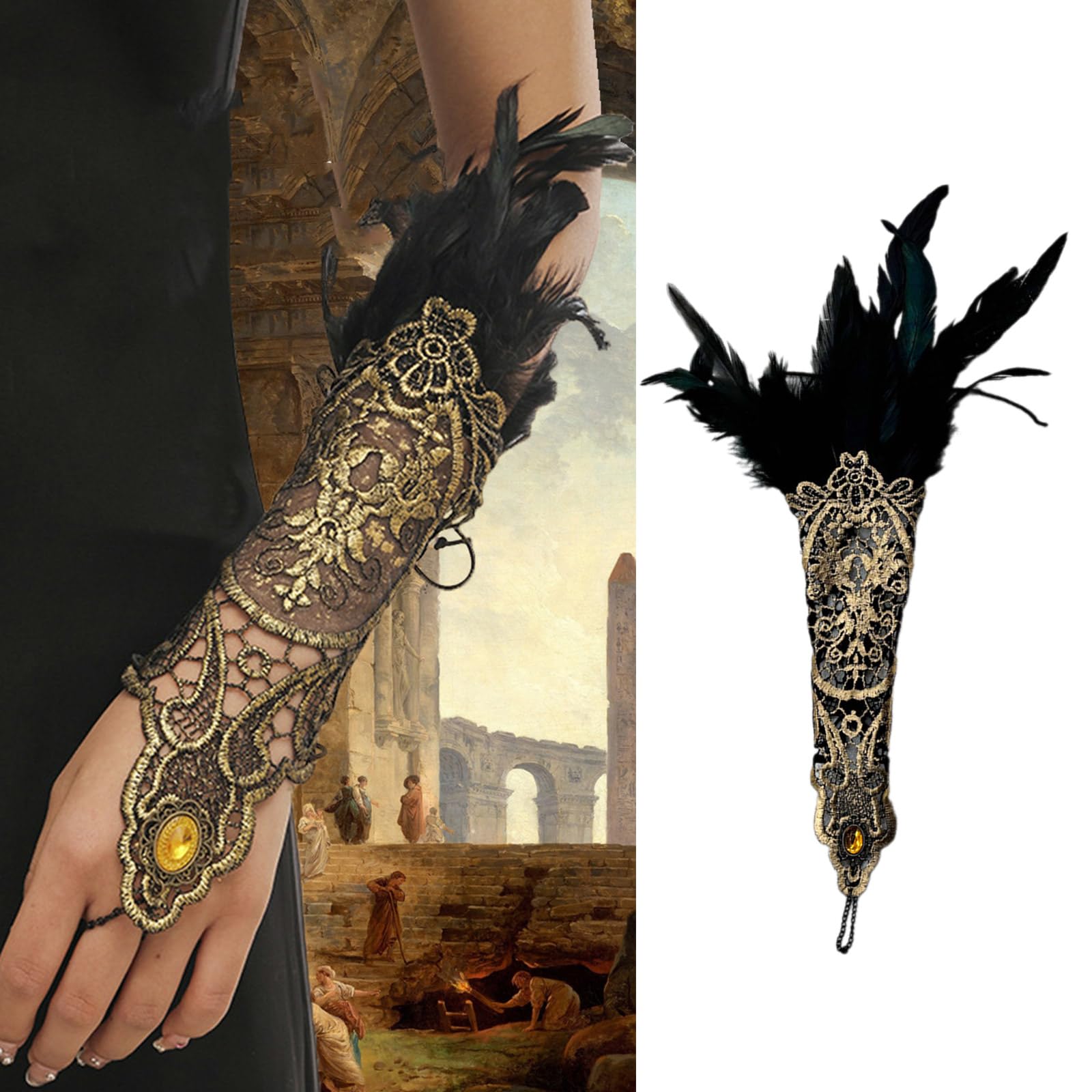 Halloween Party Gloves Lace Feathered Cuff Gloves Cosplay Accessory Arm Sleeves Masquerades Party Hollowout Cuff Gloves