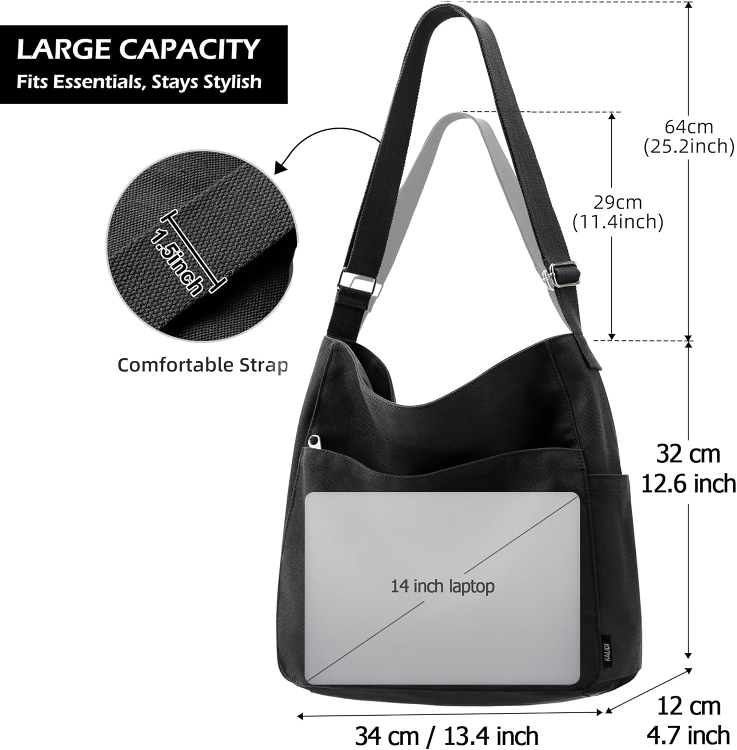 KALIDI Canvas Tote Bag Large Hobo Crossbody Shoulder Handbag Zipper Messenger Bag for Women or Men Casual College Work - Image 5