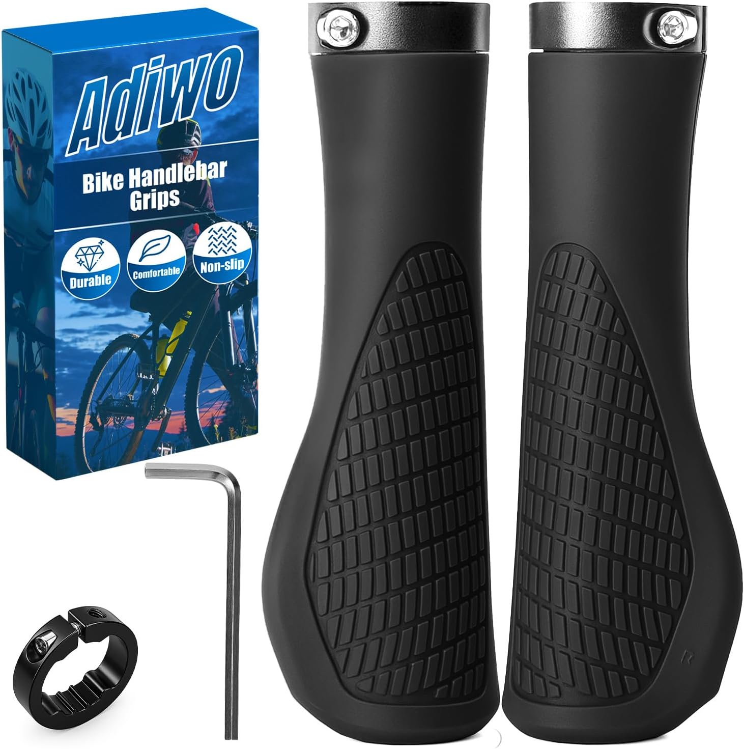 Non-Slip Handlebar Grips, 1 Pair Professional Bike Handlebar Grips, Adult Mountain Bike Grips with Soft Anti-Slip Rubber, Ergonomic, with 1 Allen Wrench, Suitable for Most Bicycles