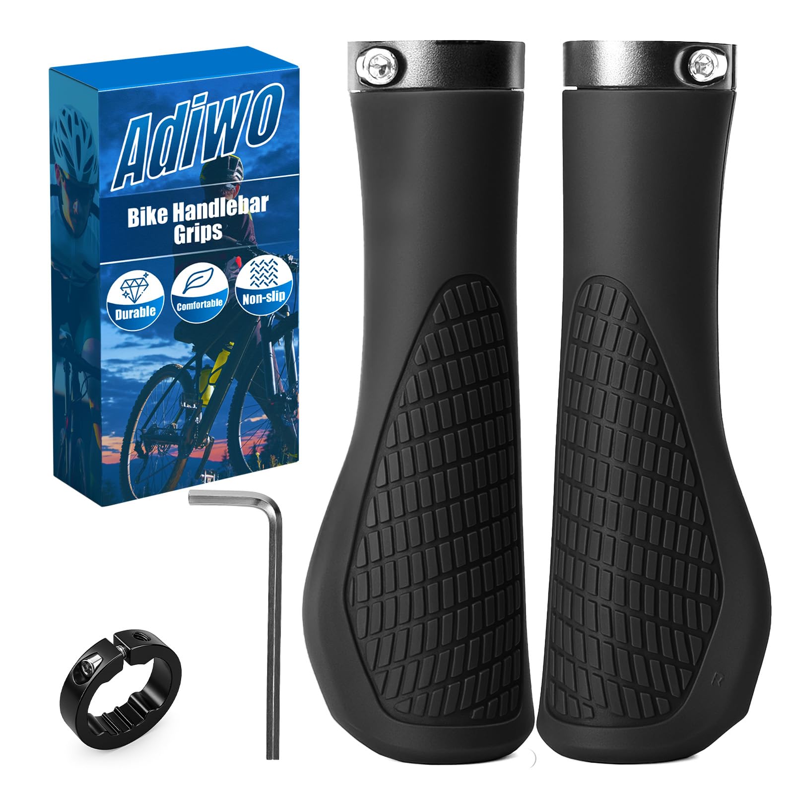 Adiwo Non-Slip Handlebar Grips, 1 Pair Professional Bike Handlebar Grips, Adult Mountain Bike Grips with Soft Anti-Slip Rubber, Ergonomic, Comes with 1 Allen Wrench, Suitable for Most Bicycles, Black