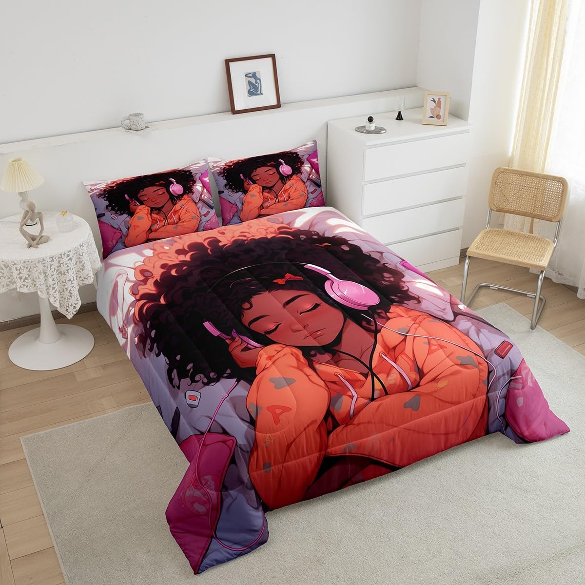Feelyou African Black Girl Comforter Set for Kids,Twin Size Cute Afro Girl Quilt Set 2Pcs