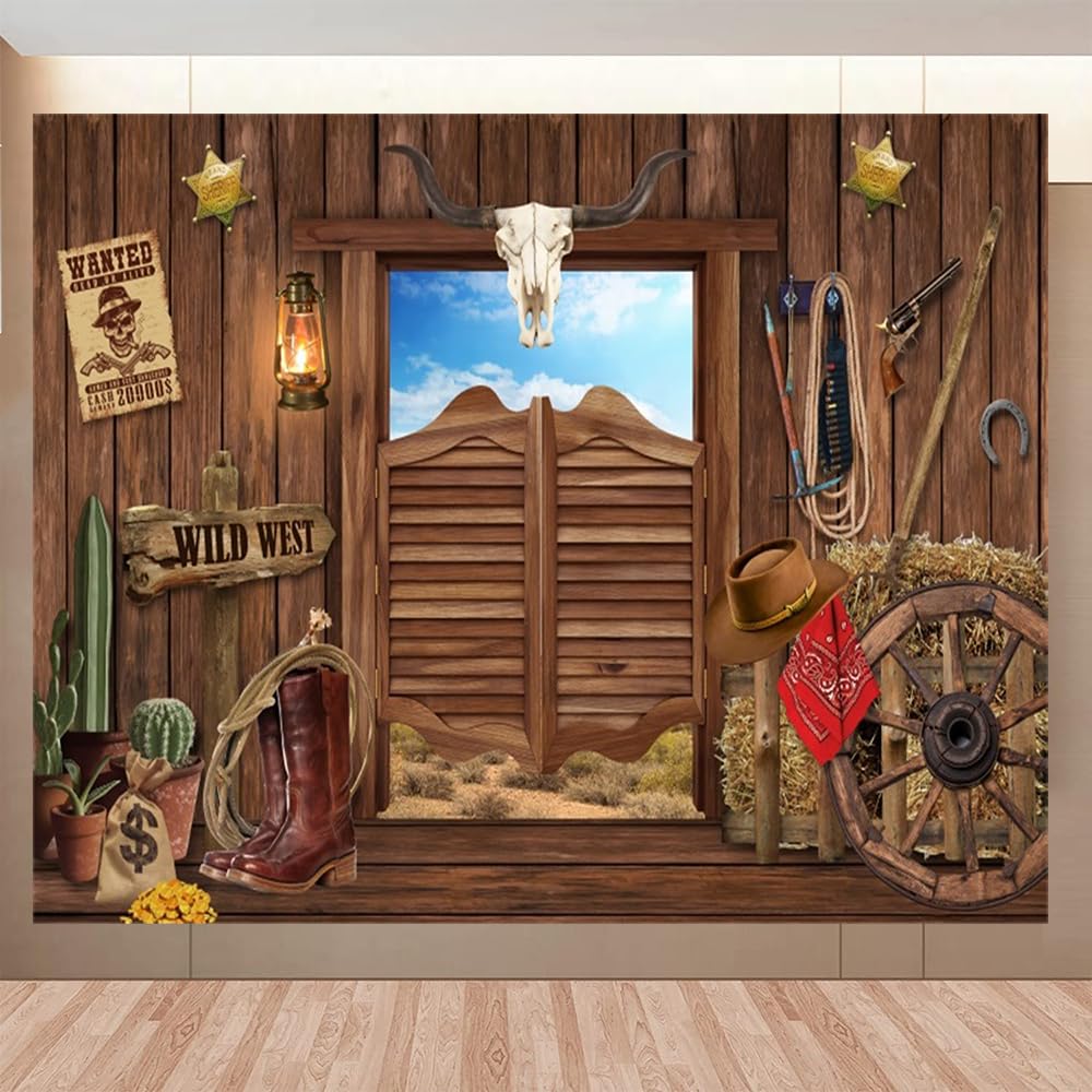 Sfondo western 2,4 x 1,8 m Western Cowboy decorazione per feste banner Wild West Rodeo Decor Country Saloon Bar rustico in legno fienile porta foto sfondo per bambini ragazzo compleanno baby shower