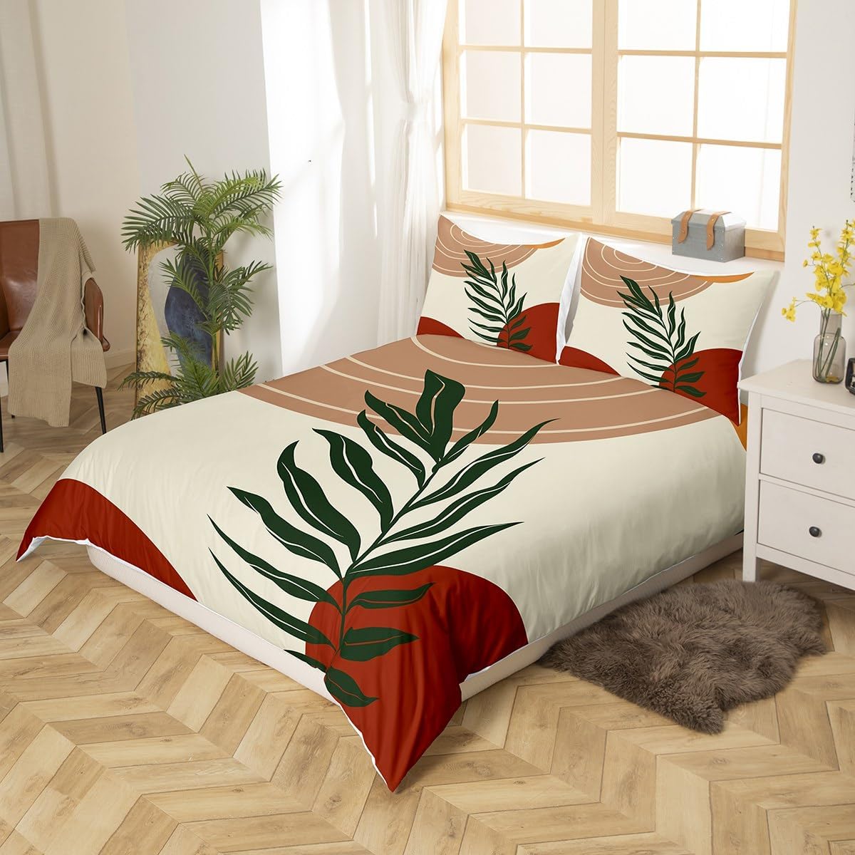 jejeloiu Boho Bedding Set for Kids Boys Girls Leaf Bohemian Comforter Cover Set King Size Sunrise Rainbow Line Duvet Cover Room Decorations Abstract Bedspread Cover Bedding Collection 3Pcs