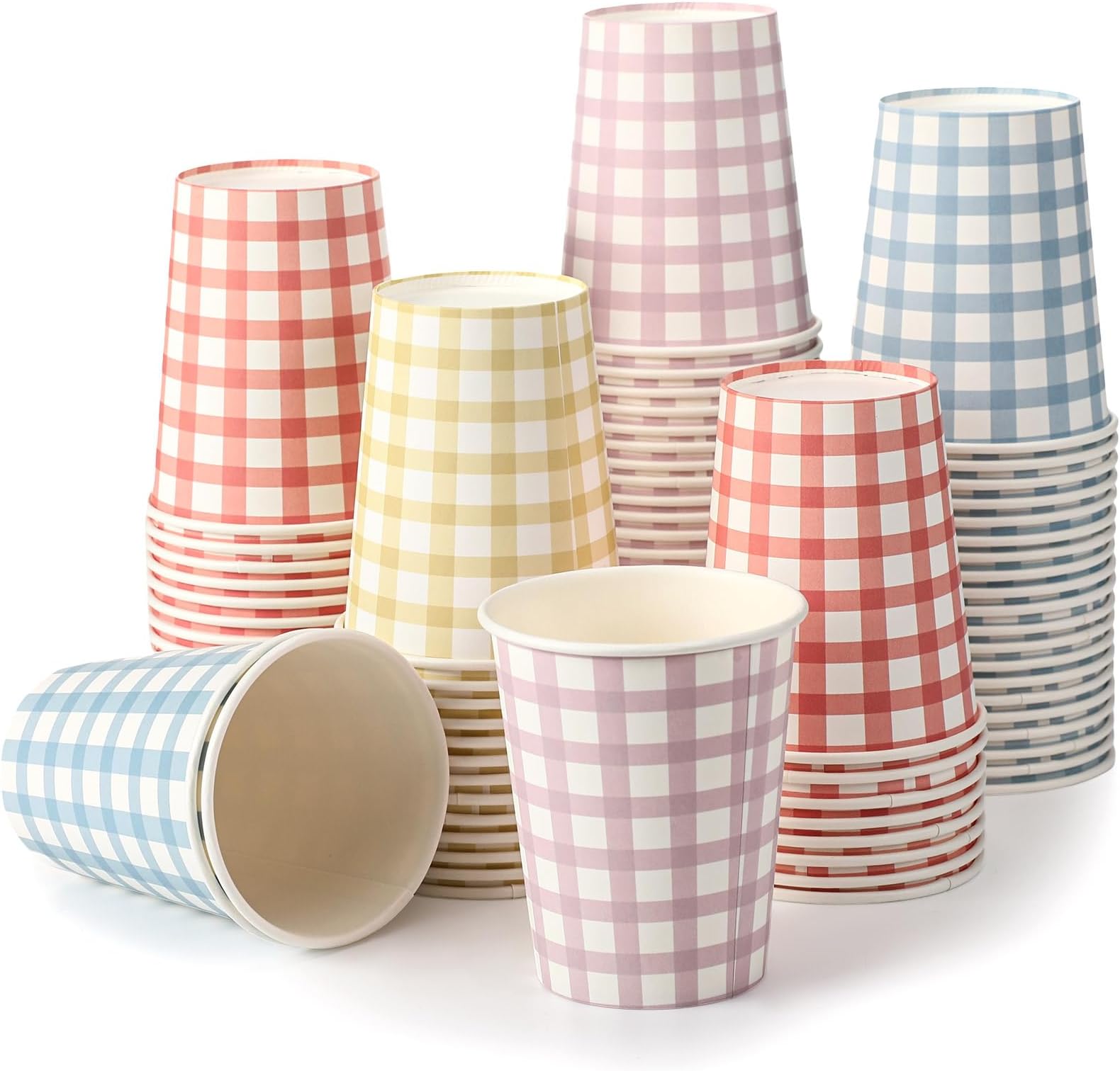 Tioncy 100 Pieces 9 oz Gingham Disposable Paper Cups Drinking Paper Cups Coffee Checkered Birthday Cup Gingham Hot Cold Beverage Drinking Cup for Holiday Picnic Travel Birthday Party, 4 Colors | Gingham, Checkered Cups, Birthday Party, Travel, Picnic