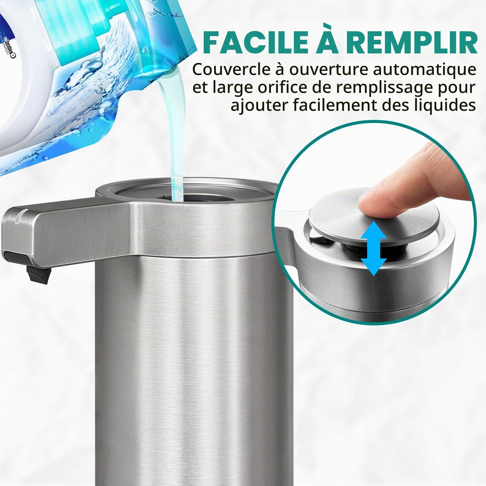 Distributeur de Savon Automatique en Acier Inoxydable avec Capteur Infrarouge 9 oz. Distributeur Électrique Étanche IPX5 Rechargeable USB-C pour Cuisine & Salle de Bain (Argent)