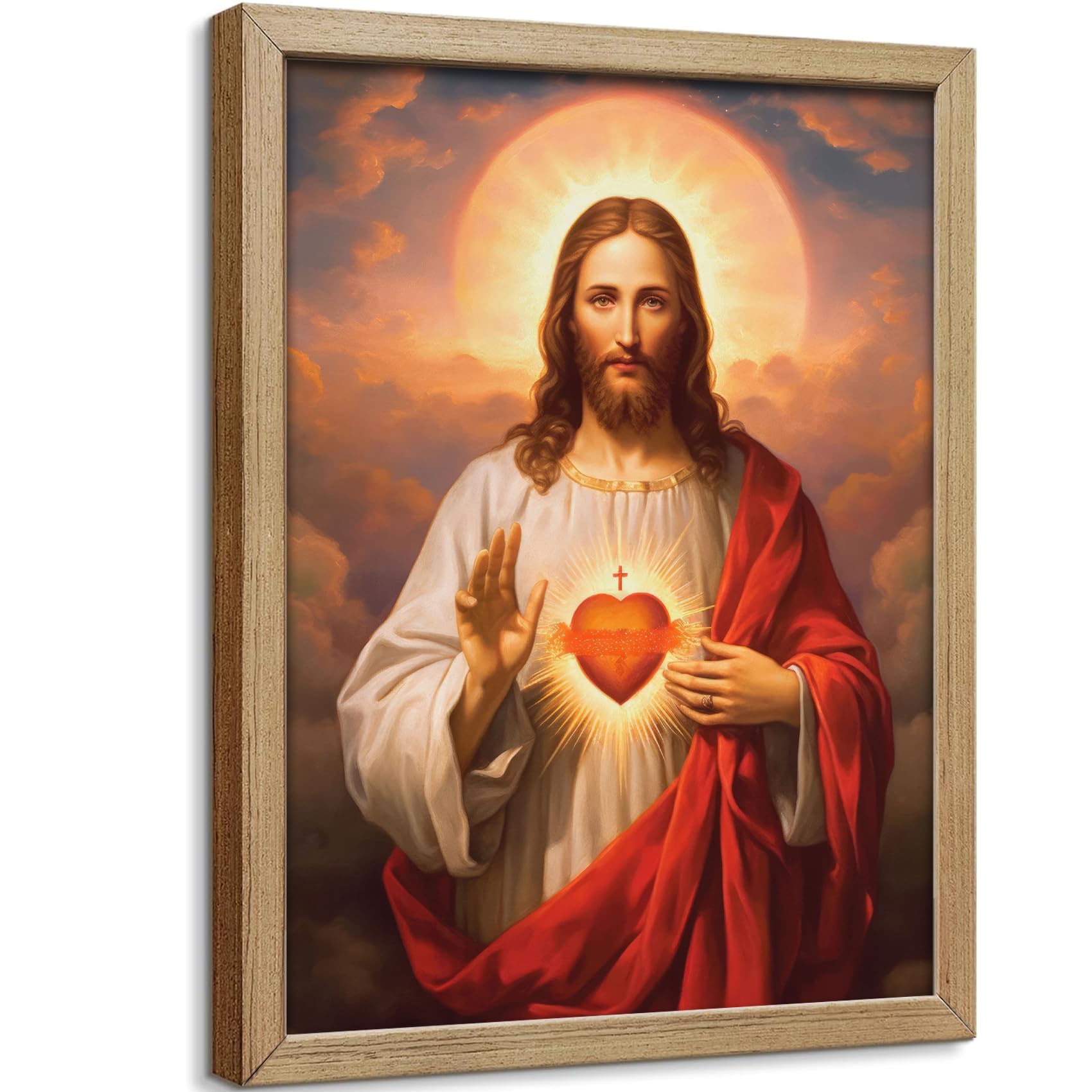 Framed Sacred Heart of Jesus Canvas Wall Art Divine Mercy Painting Picture Wall Decor Religious Christ Jesus Portrait Poster Prints Artwork for Dining Living prayer Room Bedroom Home Decor 24x36 in