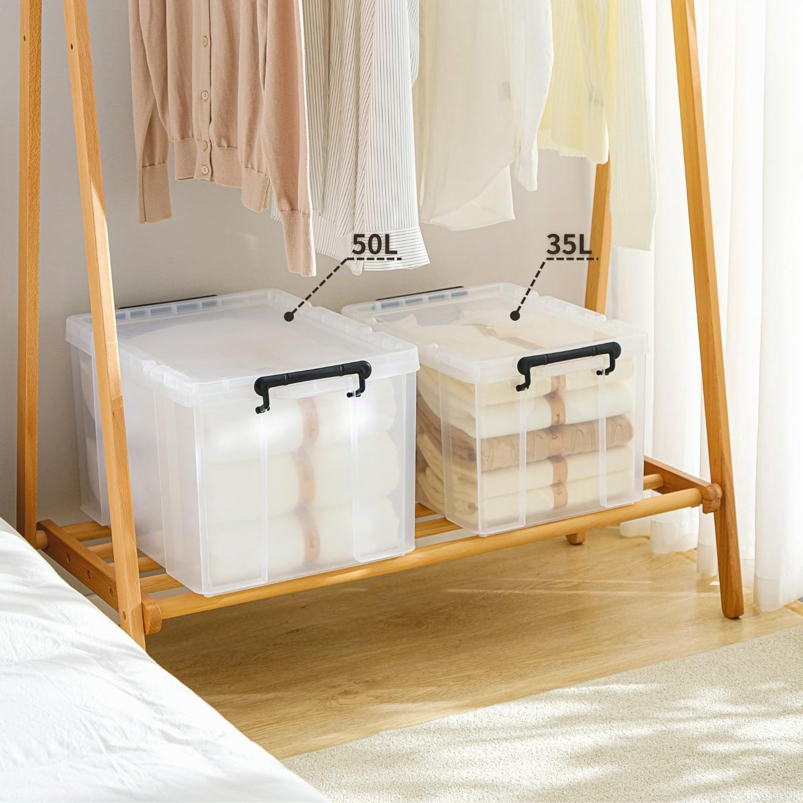 Cetomo 35L*3 Cajas de Almacenamiento, Cubo de Almacenamiento Plástico Apilable con Tapas, Contenedor de Alta Resistencia con Esquinas Reforzadas, Duradero, Transparente, 35L-Conjunto de 3
