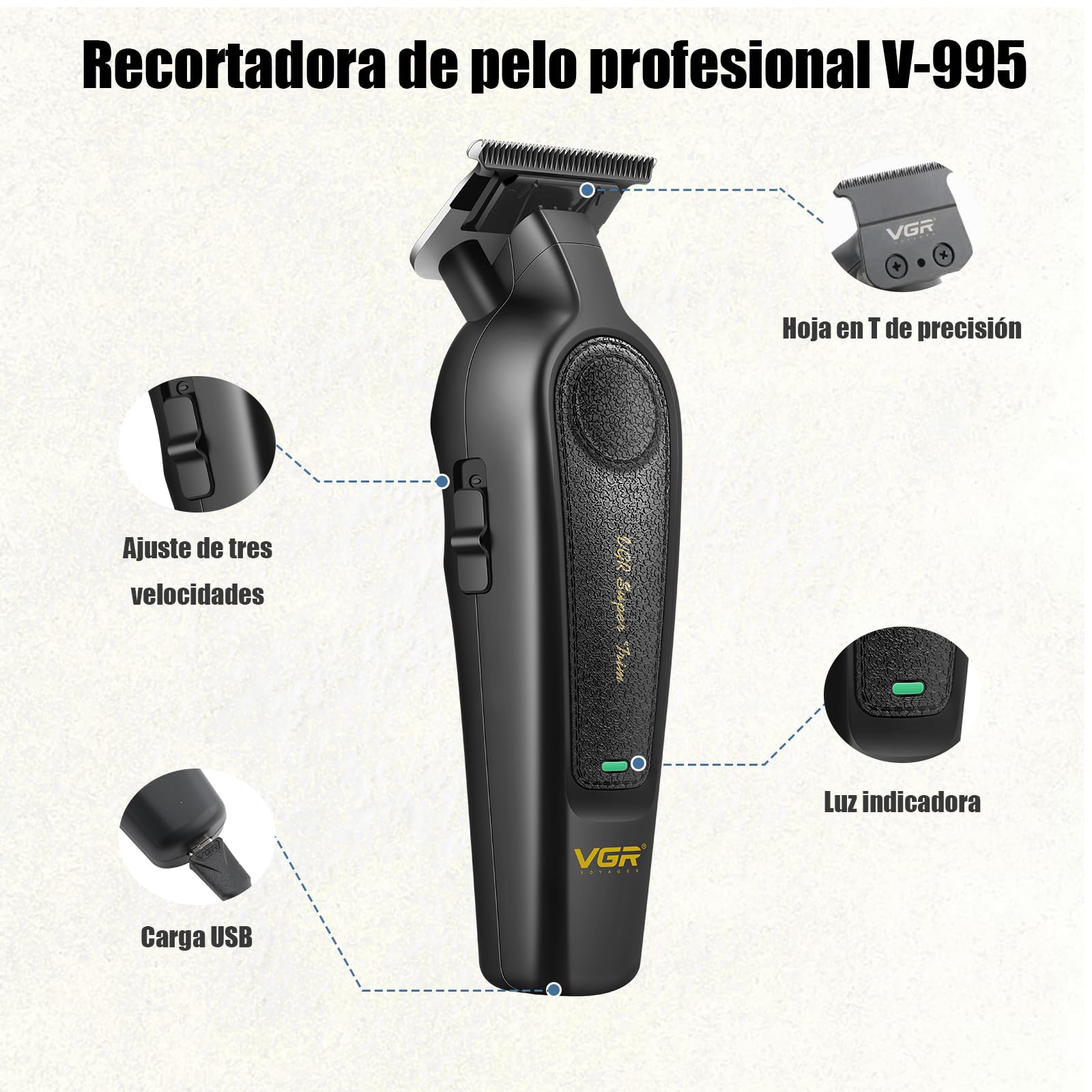 VGR 197 & 995 Juego de Maquina de Cortar Pelo Hombre, Indicadores LED | Inalámbrica Maquina Cortar Pelo Profesional Set con Cuchillas de Cerámica, Cortapelos Set con 10 Peines Para Cabello