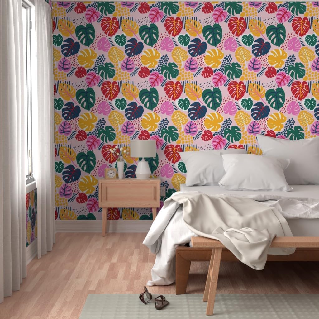 Removable Wallpaper 3ft x 2ft - Bohemian Paradise Monstera Pink Leaves Palm Colourful Bright Plants Tropical Boho Rainforest Custom Pre-Pasted Wallpaper by Spoonflower