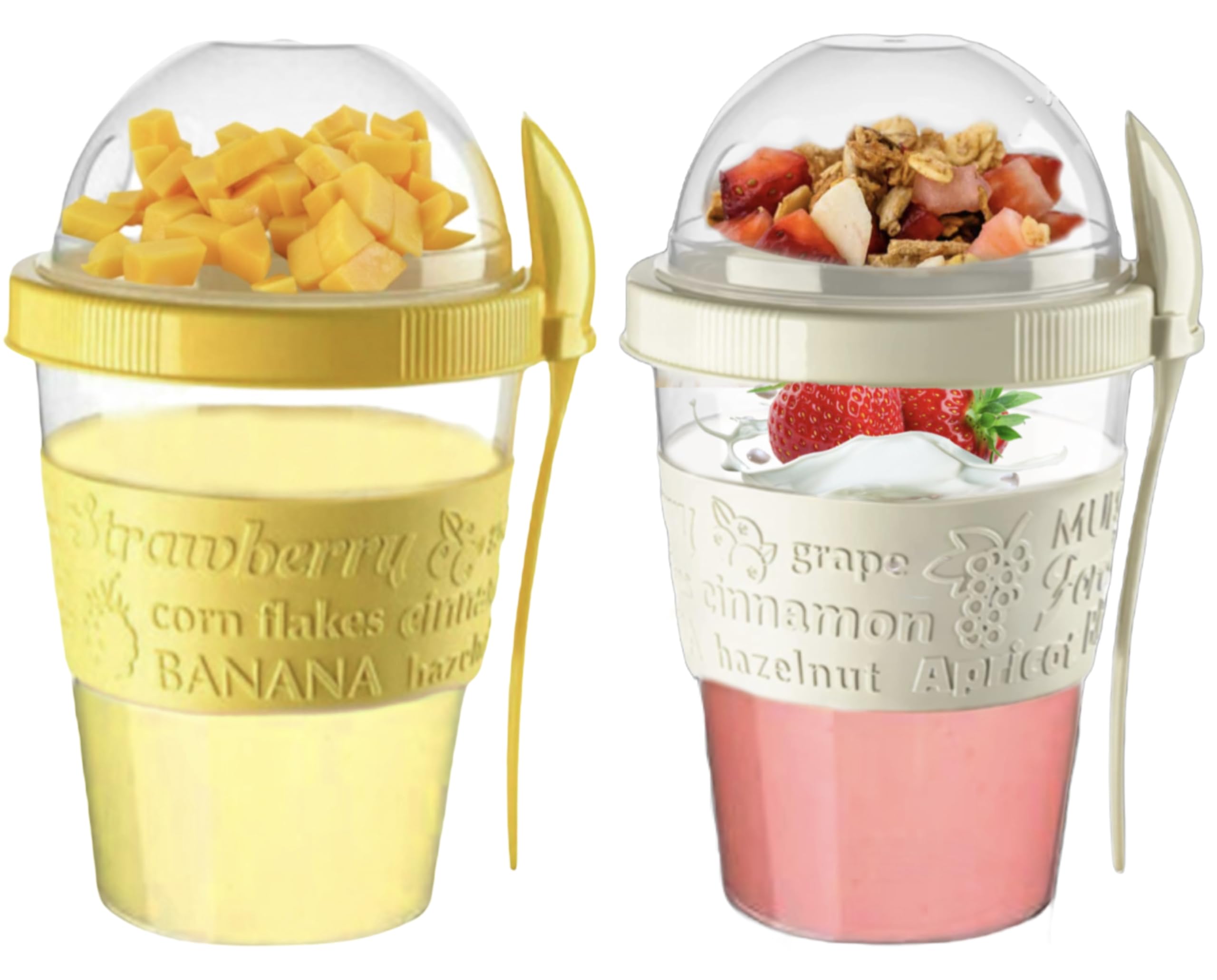 4All 2Pcs Yogurt Pots Reuseable 600ml With Lid & Spoon Overnight Oats container 20oz BPA free Breakfast Pots to Go Cereal On the Go Dishwasher Safe Lunch Oatmeal Jar Set of 2 (Yellow,Cream)