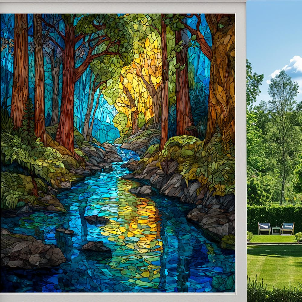 Dreamy Stream Privacy Window Film, Mountain Forest River Woodland Frosted Self-Adhesive Vinyl Cling for Glass Doors Bathroom Windows Sun Blocking Heat Control,（55x120cm）