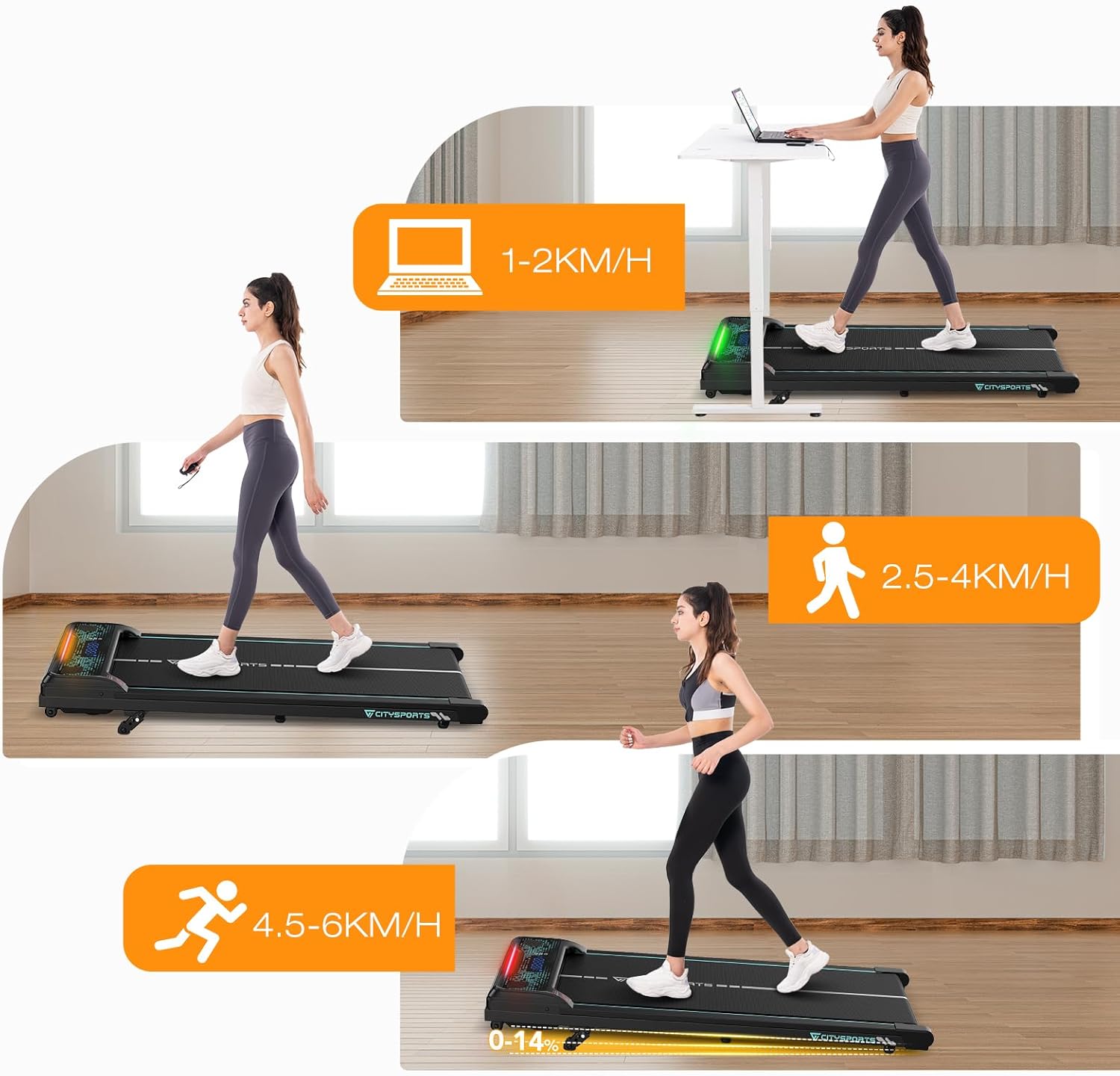 Three images showing different walking speeds on the treadmill: 1-2 km/h with a green LED light, 2.5-4 km/h with an orange LED light, and 4.5-6 km/h with a red LED light.