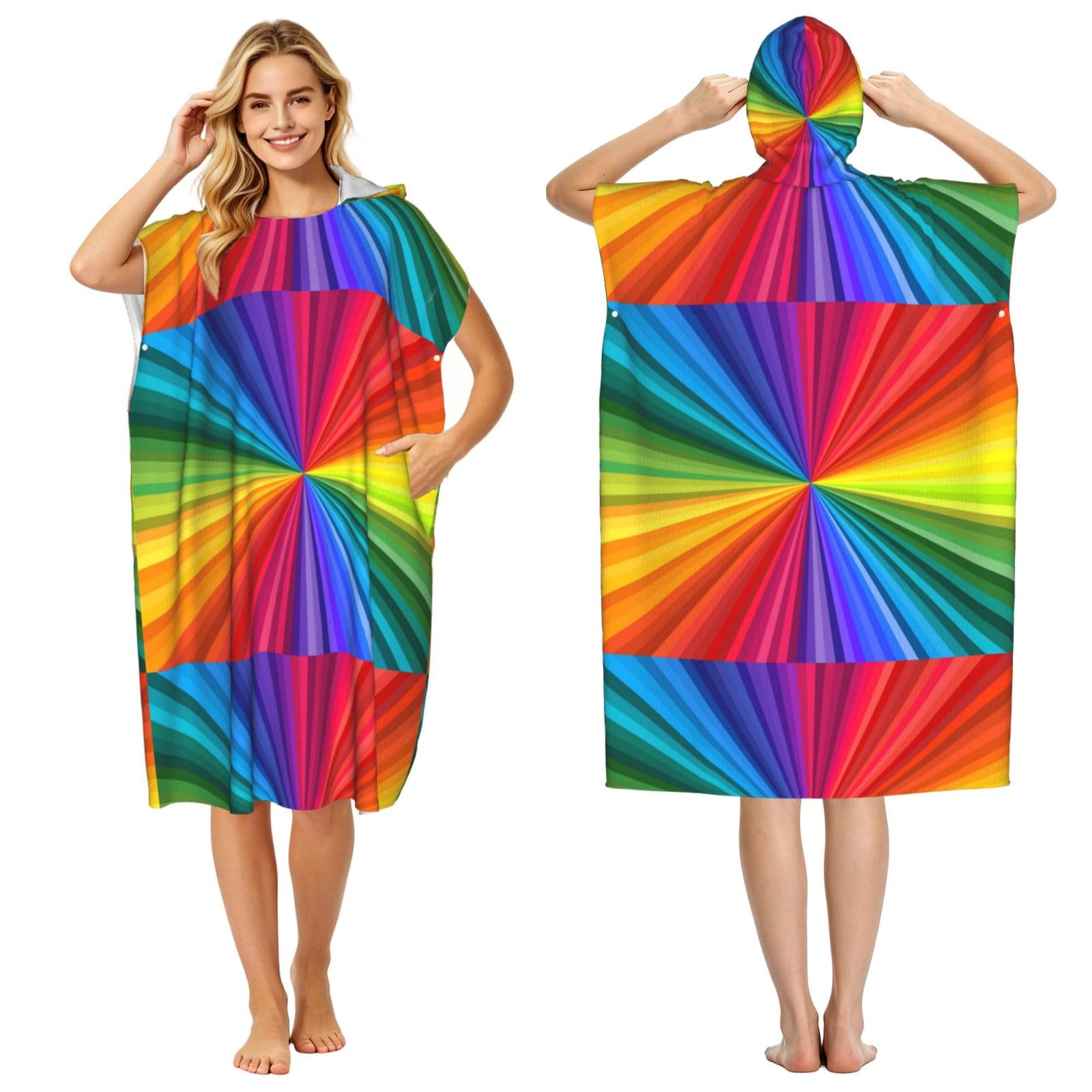 Poadnly Rainbow Colored Swirls, Adult Hooded Beach Towel 90 x 110 cm,Changing Bath Robe, Surf Poncho Towel For Women Men