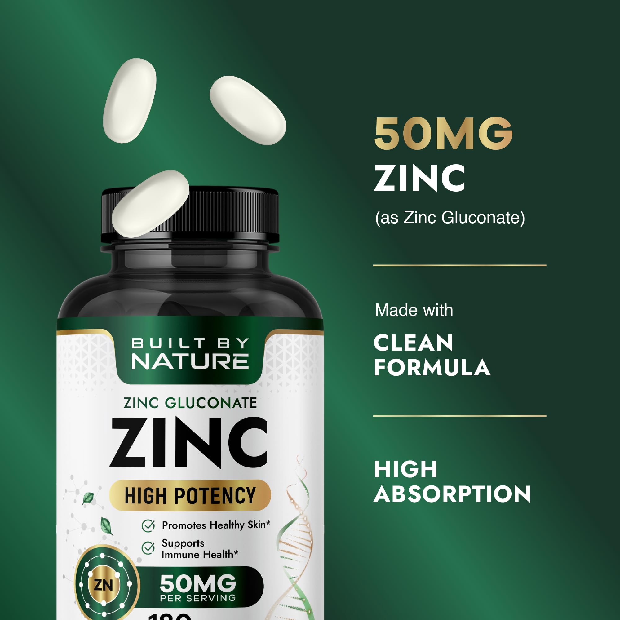 Built By Nature Zinc 50 mg, 180 Tablets Zinc Gluconate, Highly-Absorbable, Immune & Antioxidant Support, Non-GMO, Gluten-Free — Amazon image 3
