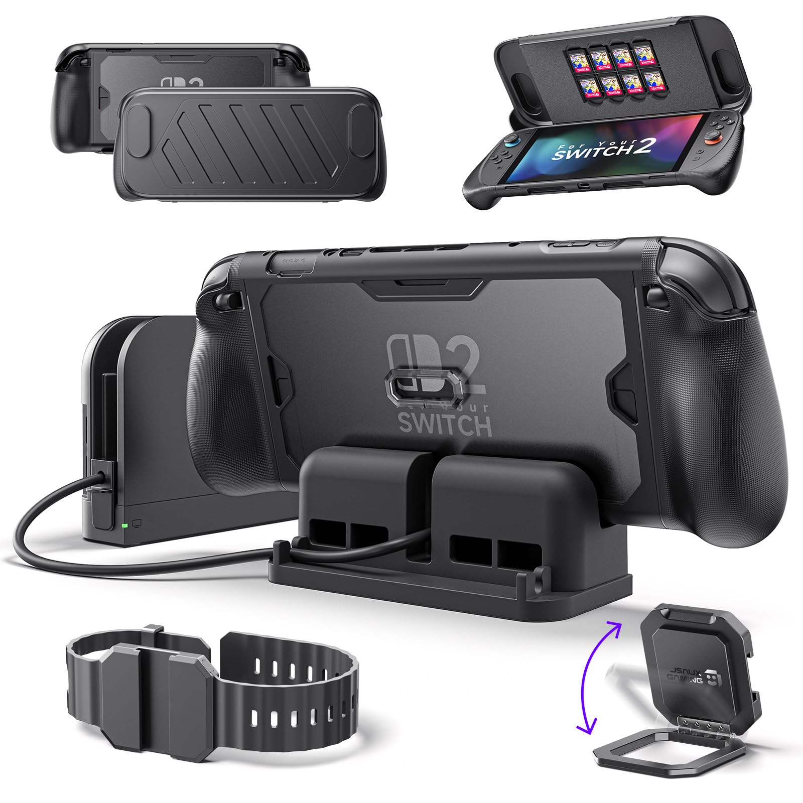 JSAUX PC0121 Etui ochronne do Switch 2, ochrona 360° ModCase z przednią pokrywą, metalową podstawką, silikonową opaską, uchwytem do stacji dokującej i kablem przedłużającym – zestaw dokujący