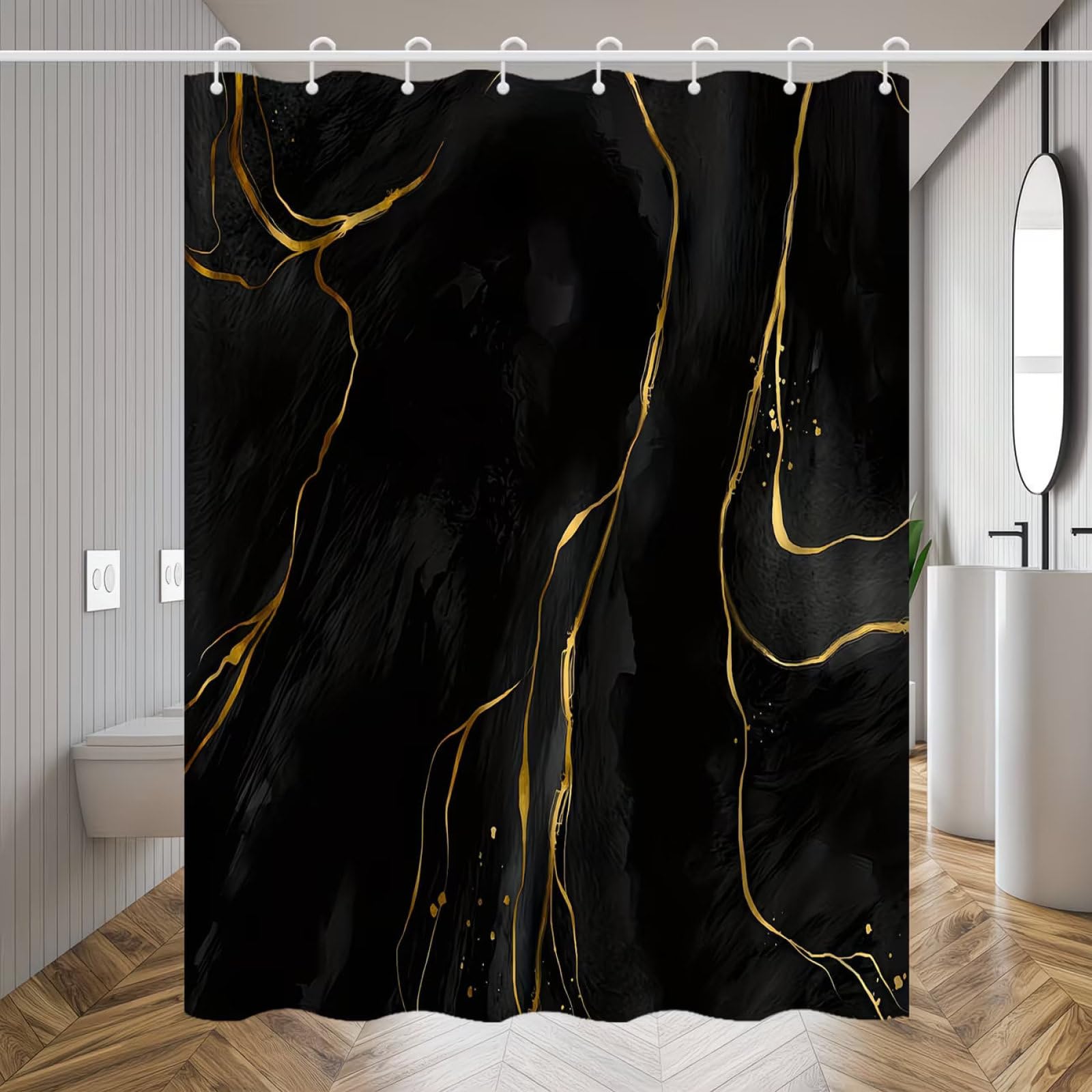Shower Curtains Black Gold Marble Wet Room Shower Curtain Mould Proof Resistant Waterproof Polyster Fabric Washable with 12 Hooks Garden Bathroom Curtains (180x180cm)