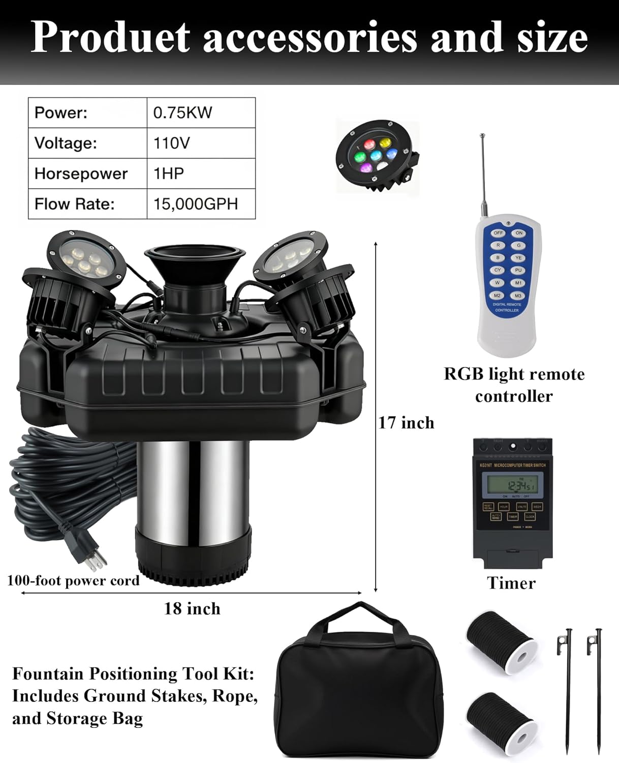 Pond Fountain Aerator with Lights, 1 HP with Dynamic RGB Lighting, Adjustable Modes, Digital Timer, for Large Ponds, Lakes & Outdoor Water Features, 15,000 GPH, 750W 110V, 100FT Cord