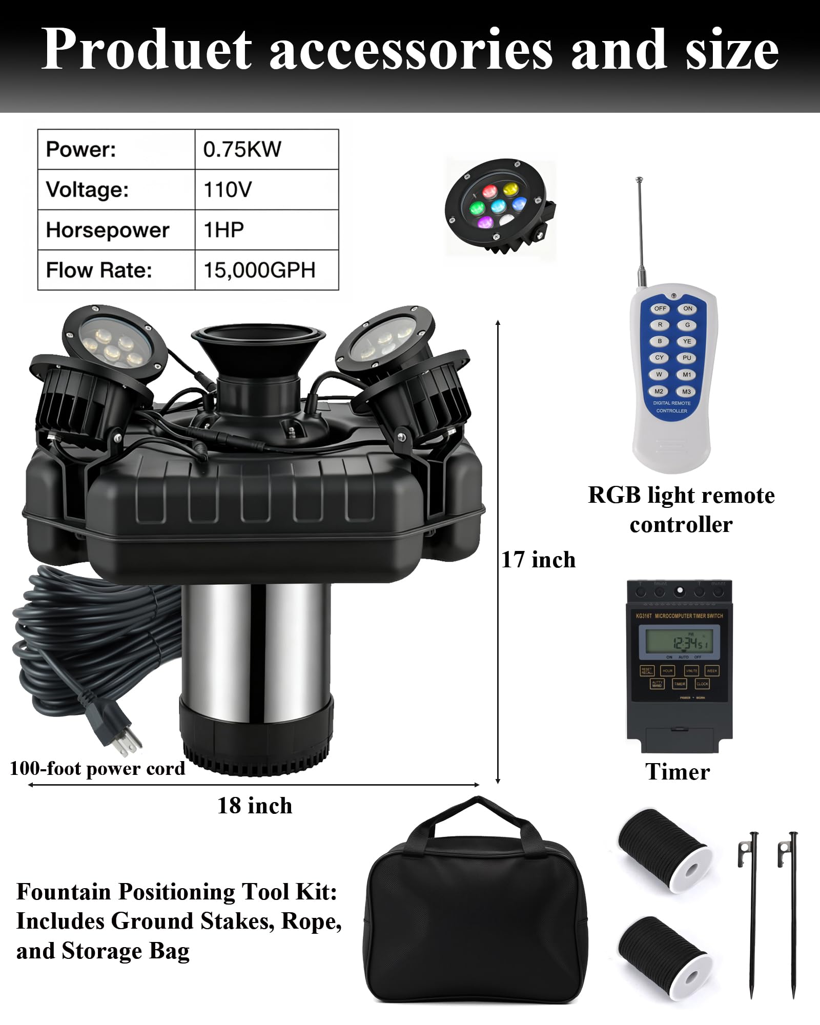 Teichbrunnenbelüfter mit Lichtern, 1 PS mit dynamischer RGB-Beleuchtung, einstellbaren Modi, digitaler Timer, für große Teiche, Seen und Wasserspiele im Freien, 15.000 GPH, 750 W 110 V, 30 m Kabel