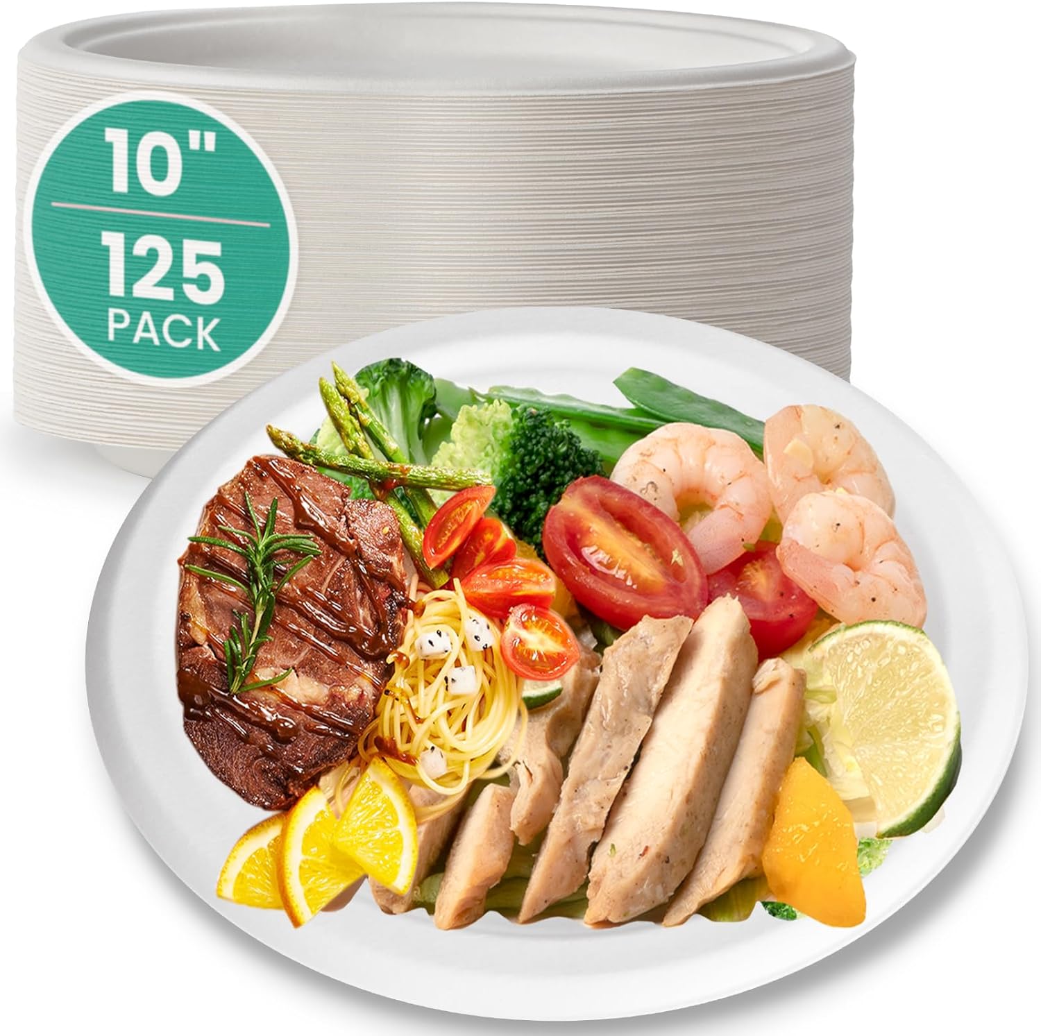 Fit Meal Prep 125 Pack Compostable Paper Plates, 10″ Biodegradable Round Plates, Heavy Duty Eco Friendly Disposable Sugarcane Plate for Dinner, Party, Wedding, Freezer Microwave Safe, White