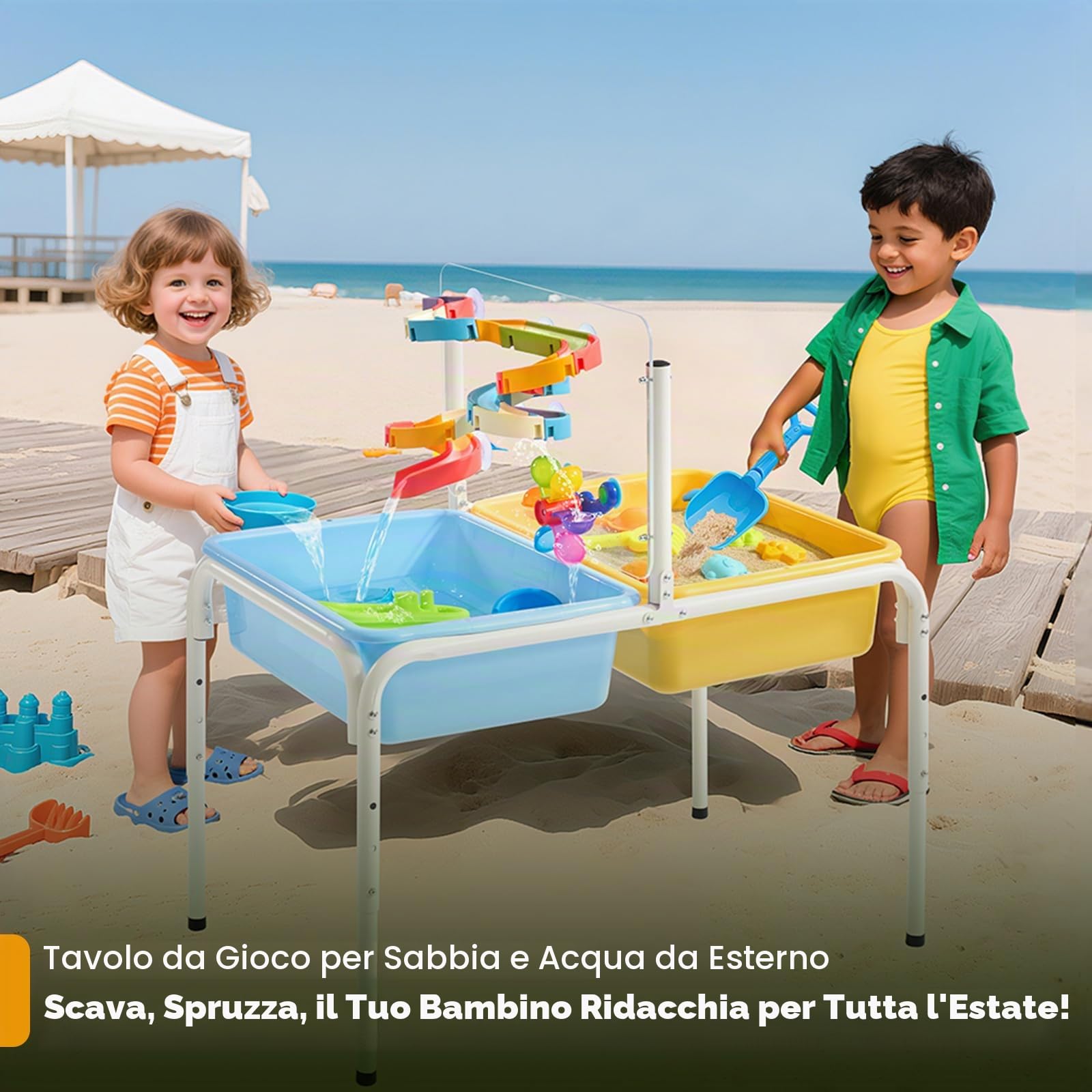 FUNLIO Tavolo per Sabbia e Acqua con 3 Livelli di Altezza Regolabile per Bambini 3-6 Anni, Tavolo sensoriale 4 in 1 con 2 contenitori, Pannello Acrilico, Pista Scorrevole, Mulino a Vento