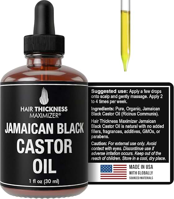 Jamaican Black Castor Oil (1fl Oz) by Hair Thickness Maximizer. Pure Unrefined Oils for Thickening Hair, Eyelashes, Eyebro...